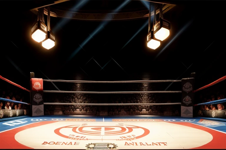 boxe ring with lights and ropes, boxe ring sol blanc coin blanc et sol blanc sol, fond d' Boardwalk Hall Atlantic City, Ring de boxe avec le sol blanc et les coins blanc, scene background Boardwalk Hall d'Atlantic City, toile de fond Boardwalk Hall Atlantic City, Boardwalk Hall in a boxe ring, boxe, boxe match, scene, projecteur, barre d'arrière-plan Boardwalk Hall Atlantic City, spot et projecteur au plafond comme fond dramatique, atmospheric perspective, glowing light, 8k, super detail, best quality, masterpiece