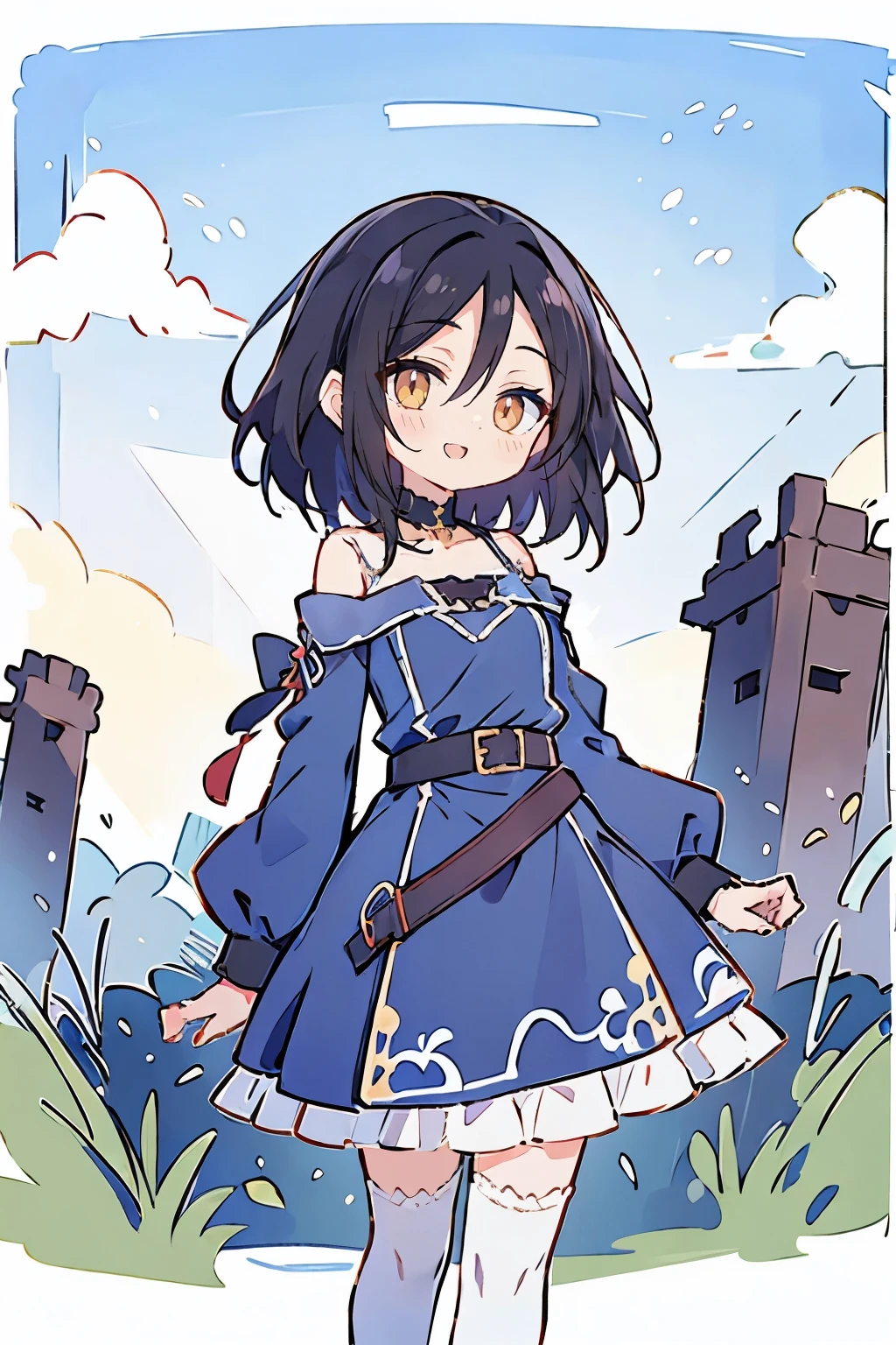 hui xiyi, rekkyo sensen, black hair, fantasy world, ruins, fort, beautiful sky, shining sky, sunshine, camisoles, belts, blue clothes, cross choker, wind blowing dress, lace dress, off-shoulder sleeves, white legwear, forehead, medium hair