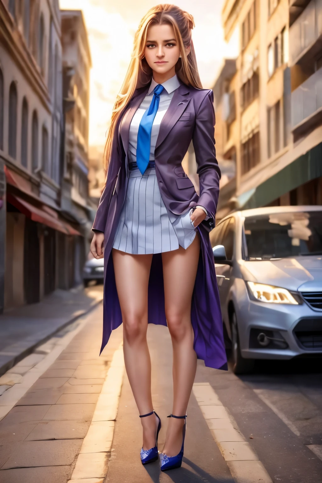 Anime girl standing on city street with long hair and blue eyes, trending in ArtStation Pixiv, purple eyes, blue tie, beautiful (detailed eyes, detailed face,) Ahegao, euladef, noble temperament, high heels, no watermark