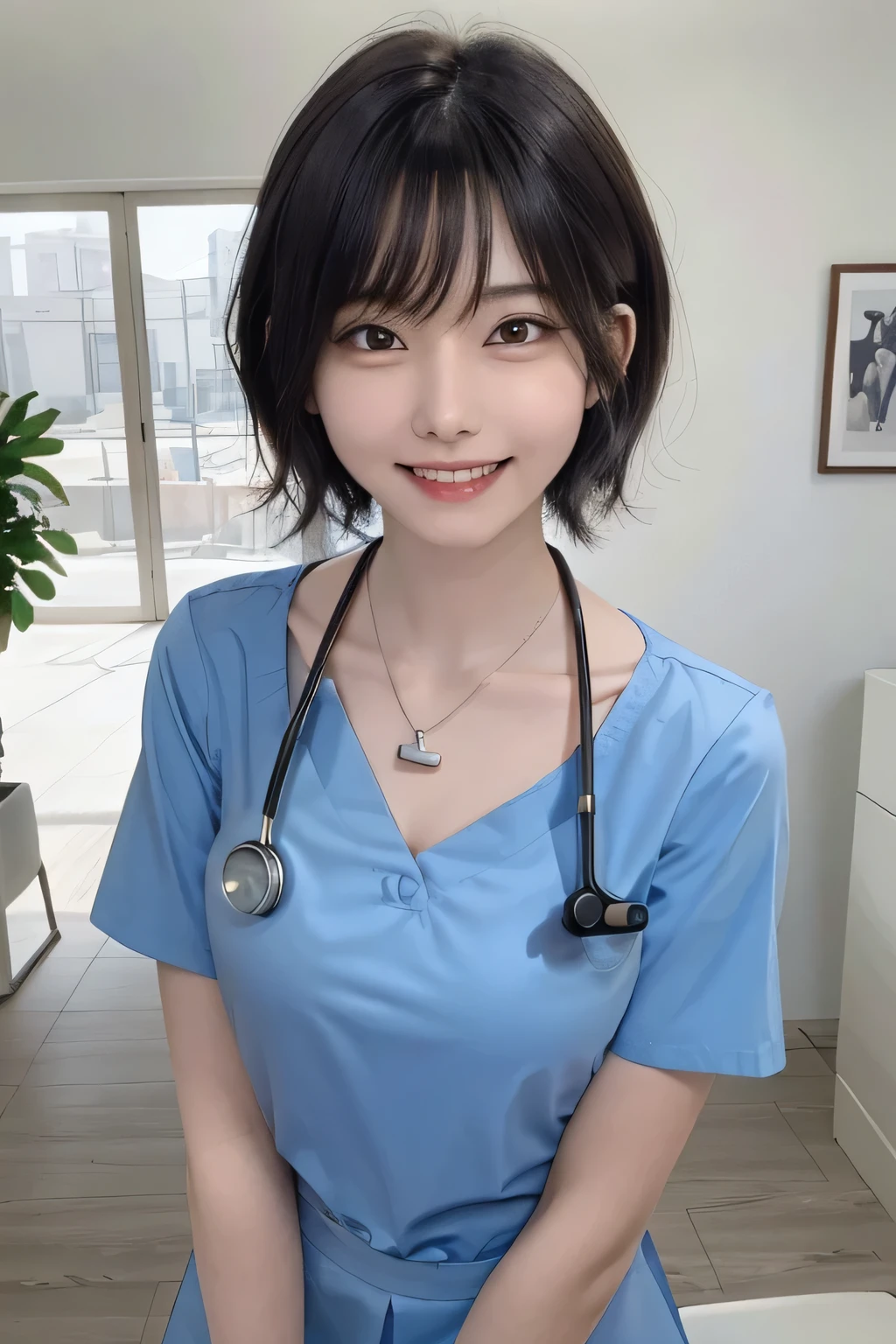 205  ((short hair)), 20-year-old female, Surrealism, Flower Smile、Gums are visible、Beautiful teeth alignment、Black Hair、ear piercing、Necklace Nurse、Nurse uniform、Stethoscope、Smiling with teeth showing、The background is in the room、