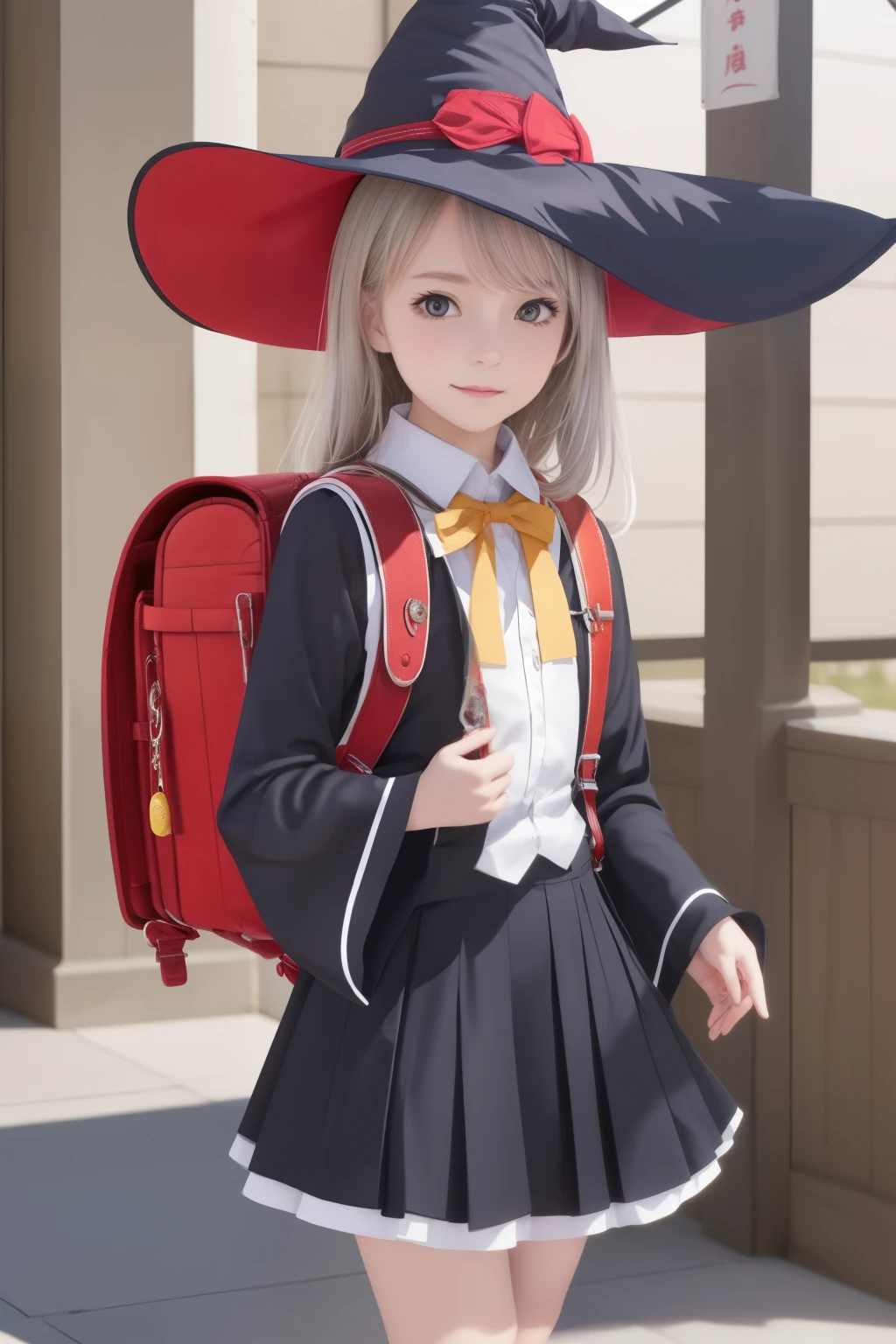 Masterpiece, hd, realistic
elaina, witch, wizard, elaina \(majo no tabitabi\), cosplay, 1girl, solo,
open robe, collared shirt, long sleeves, wide sleeves, pleated skirt, witch hat, bowtie, frilled skirt,
jewelry, badge,
long hair, bangs, hair between eyes, grey hair, hair ribbon, hair bow,
looking at viewer, cowboy shot, standing,
Outdoor, day,
Wearing red backpack, (backpack:1.2)