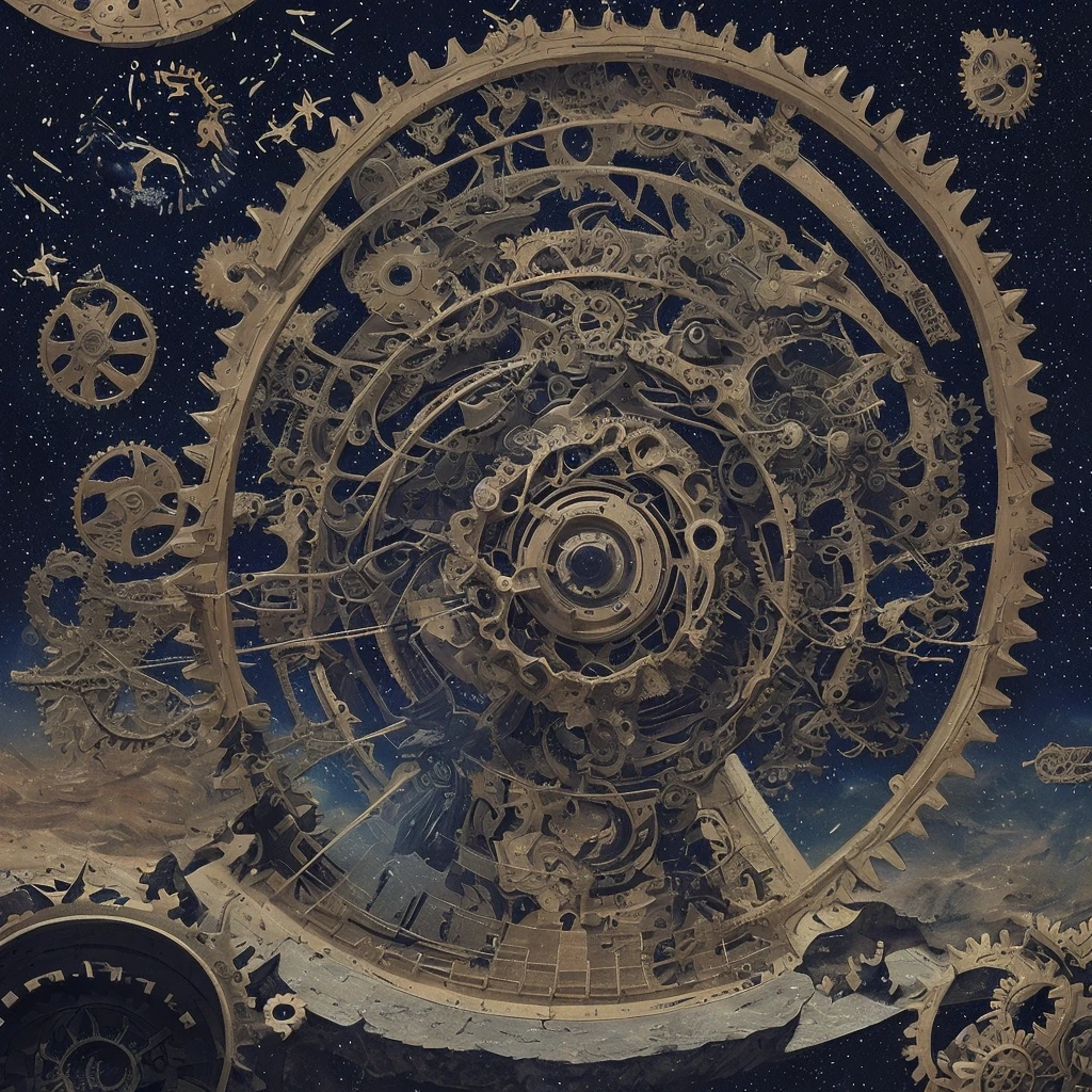 In the scenery of another world,Decorated with constellations, Surrounded by gears and cogwheels, Spend some time under a giant time machine in the shape of a cosmic pendulum. Highly detailed and expressive drawings in black ink