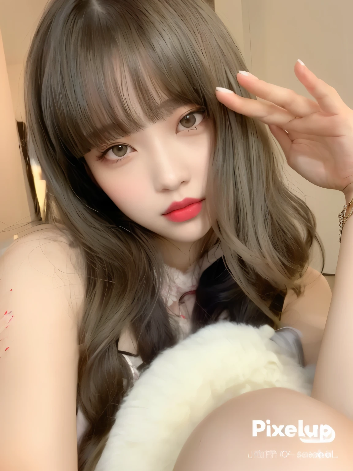araffe girl com cabelo comprido and a red lipstick posing for a picture, Ulzzang, lalisa manobal, sakimichan, Shikamimi, Lalisa Manoban do Blackpink, com cabelo comprido, Com franja, adorable and pale korean face, long hair com franja completa, long hair Com franja, com franja completa, o corte Hime