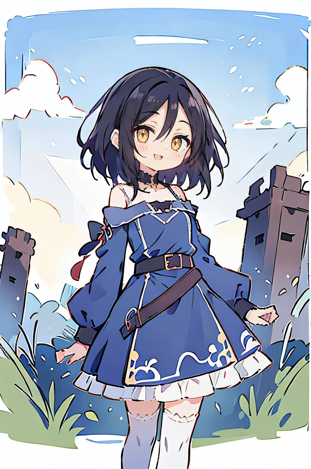 hui xiyi, rekkyo sensen, black hair, fantasy world, ruins, fort, beautiful sky, shining sky, sunshine, camisoles, belts, blue clothes, cross choker, wind blowing dress, lace dress, off-shoulder sleeves, white legwear, forehead, medium hair