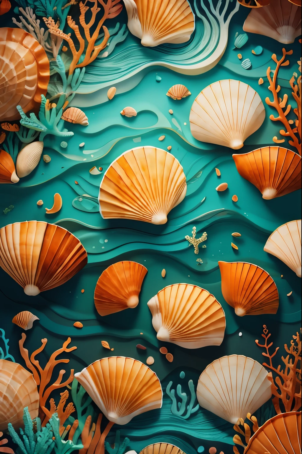 Sea Turquoise Brown Orange sea shells art design pattern