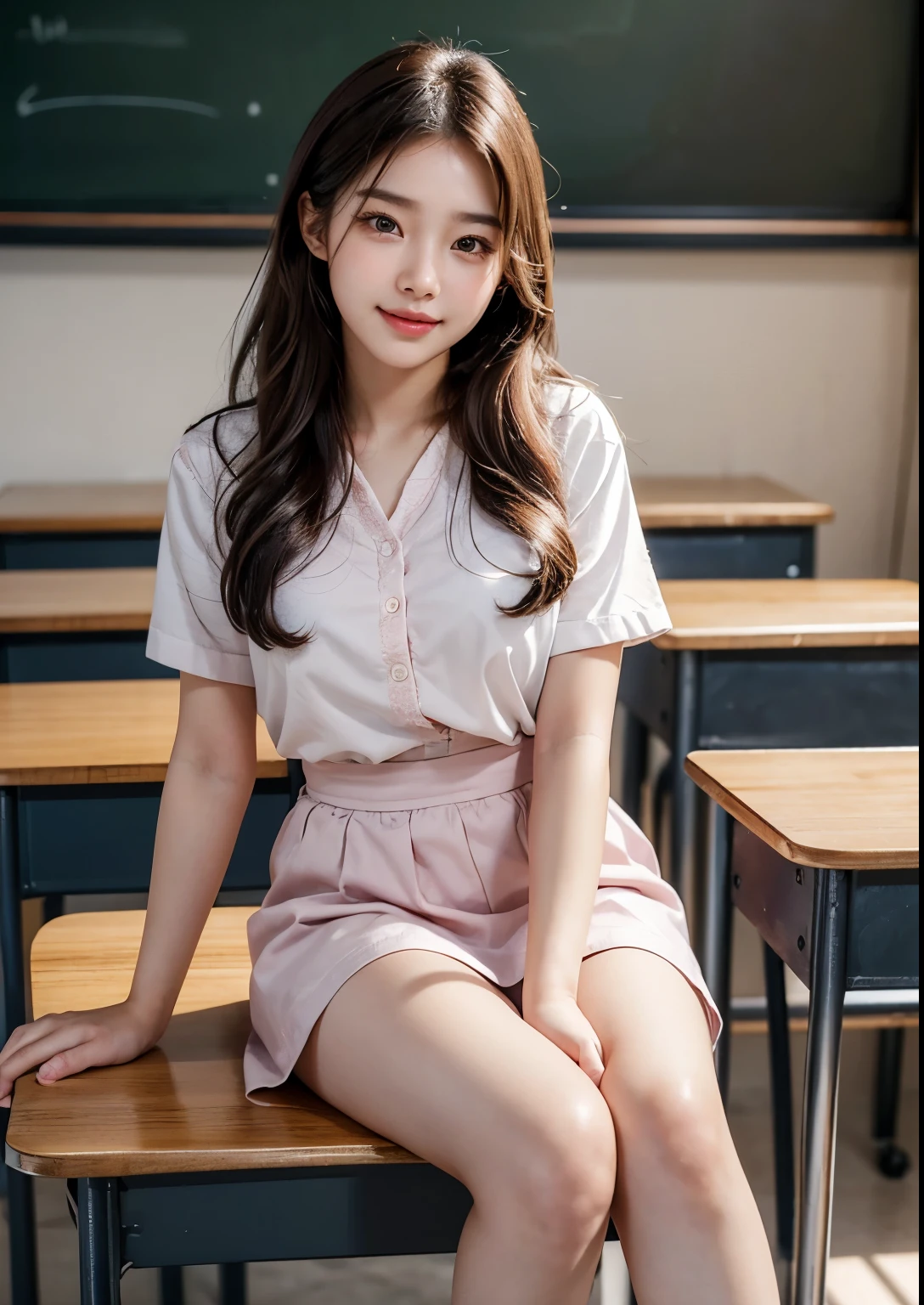 a beautiful cute and sweet 18 year old Korean college student girl in a classroom, sitting with an above knee length pink uniform, intricate detailed face, beautiful eyes, nose, lips, long eyelashes, elegant posture, ambient lighting, photorealistic, cinematic lighting, highly detailed, 8k, masterpiece, beautiful face, realistic face, realistic skin, realistic smile, realistic atmosphere, every thing is realistic, cutest smile, realistic body, realistic body language, mouth watering beauty, cute face, stylish look, stylish angles, tempting eyes, realistic hands, realistic arms, realistic hand fingers, realistic legs, bright skin, perfect body figure, round youngest breasts, sitting in class room desk, blackboard, books, bags, friends in background, 