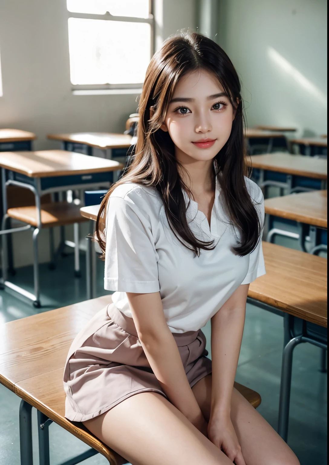 a beautiful cute and sweet 18 year old Korean college student girl in a classroom, sitting with an above knee length pink uniform, intricate detailed face, beautiful eyes, nose, lips, long eyelashes, elegant posture, ambient lighting, photorealistic, cinematic lighting, highly detailed, 8k, masterpiece, beautiful face, realistic face, realistic skin, realistic smile, realistic atmosphere, every thing is realistic, cutest smile, realistic body, realistic body language, mouth watering beauty, cute face, stylish look, stylish angles, tempting eyes, realistic hands, realistic arms, realistic hand fingers, realistic legs, bright skin, perfect body figure, round youngest breasts, sitting in class room desk, blackboard, books, bags, friends in background,
