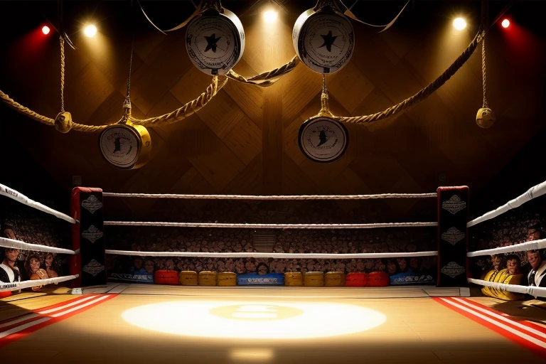 boxe ring with lights and ropes, boxe ring sol blanc coin blanc et sol blanc sol, fond d' Boardwalk Hall Atlantic City, Ring de boxe avec le sol blanc et les coins blanc, scene background Boardwalk Hall d'Atlantic City, toile de fond Boardwalk Hall Atlantic City, Boardwalk Hall in a boxe ring, boxe, boxe match, scene, projecteur, barre d'arrière-plan Boardwalk Hall Atlantic City, spot et projecteur au plafond comme fond dramatique, atmospheric perspective, glowing light, 8k, super detail, best quality, masterpiece