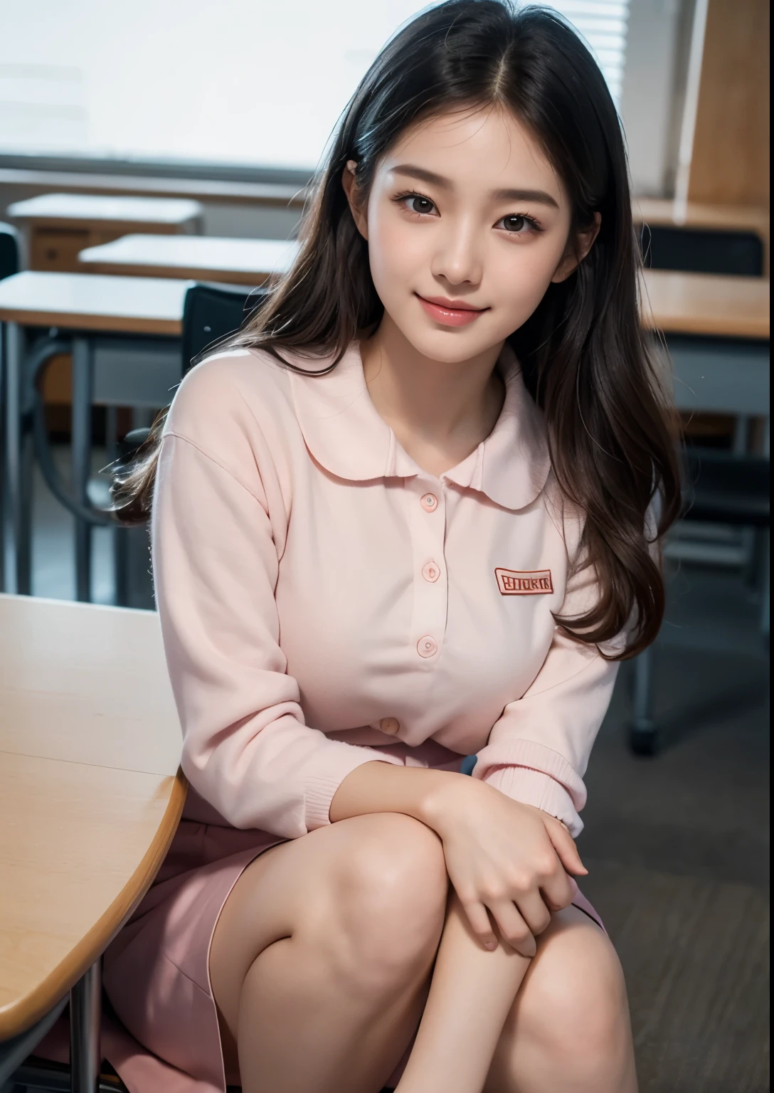 a beautiful cute and sweet 18 year old Korean college student girl in a classroom, sitting with an above knee length pink uniform, intricate detailed face, beautiful eyes, nose, lips, long eyelashes, elegant posture, ambient lighting, photorealistic, cinematic lighting, highly detailed, 8k, masterpiece, beautiful face, realistic face, realistic skin, realistic smile, realistic atmosphere, every thing is realistic, cutest smile, realistic body, realistic body language, mouth watering beauty, cute face, stylish look, stylish angles, tempting eyes, realistic hands, realistic arms, realistic hand fingers, realistic legs, bright skin, perfect body figure, round youngest breasts,