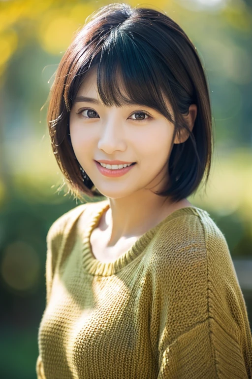 8k、highest quality、masterpiece、超A high resolution、Beautiful Japanese Woman、30 years old、looking at the camera、Transparent atmosphere、Face tilted at an angle, looking straight ahead、Fair and beautiful face、Black Hair、Very short hair、bangs、A cool smile、Round eyes、single eyelid、Sexy lips、Light Yellow Knit、blush one's cheeks、Ample breasts、Dimly lit room、White wall、Sit on the bed