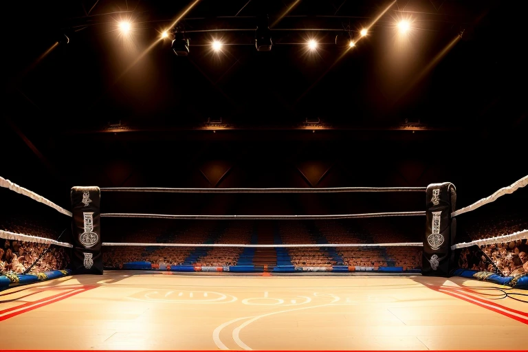 boxe ring with lights and ropes, boxe ring sol blanc coin blanc et sol blanc sol, fond d&#39;  Boardwalk Hall Atlantic City, Ring de boxe avec le sol blanc et les coins blanc, scene background  Boardwalk Hall d'Atlantic City, toile de fond  Boardwalk Hall Atlantic City,  Boardwalk Hall  in a boxe ring,  boxe, boxe match, scene,  projecteur, barre d&#39;arrière-plan Boardwalk Hall Atlantic City, spot et projecteur au plafond comme   fond dramatique, atmospheric perspective, glowing light, 8k, super detail, best quality, masterpiece