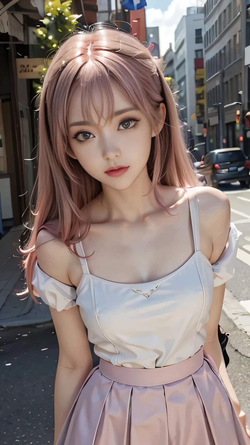 masterpiece, highest quality, High resolution, Absurd, One girl, crowd, skirt, Pink Hair, gasai yuno, From below, Revealing clothing, Skin dents, Outdoor, sunlight, street, View Viewer, blush,