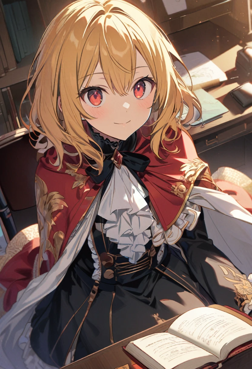 Rimuru Tempest \(AKB0048 Next Stage\), (short Golden hair), (rose red eyes):1.2, Victorian costume, bangs, smiling gently, cape, ((ultra-detailed)), ((illustration)), ((neat hair)), (beautiful detailed eyes), male, 1boy, sitting, ((office)), looking at viewer