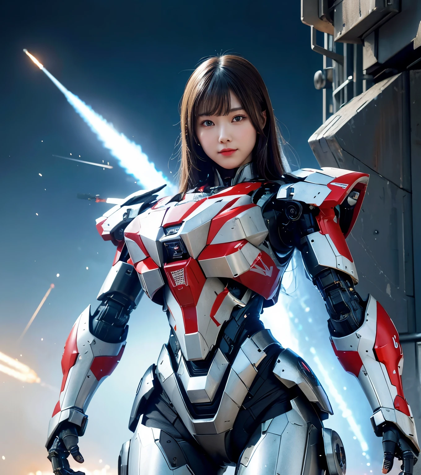 Super detailed, advanced details, high quality, High resolution, 1080p, hard disk, beautiful,(war machine),Armor War,(Rocket Missile)Capture the big picture,beautiful,Mecha cyborg girl,battle mode,Mecha body girl,She is wearing a futuristic war machine weapon mecha