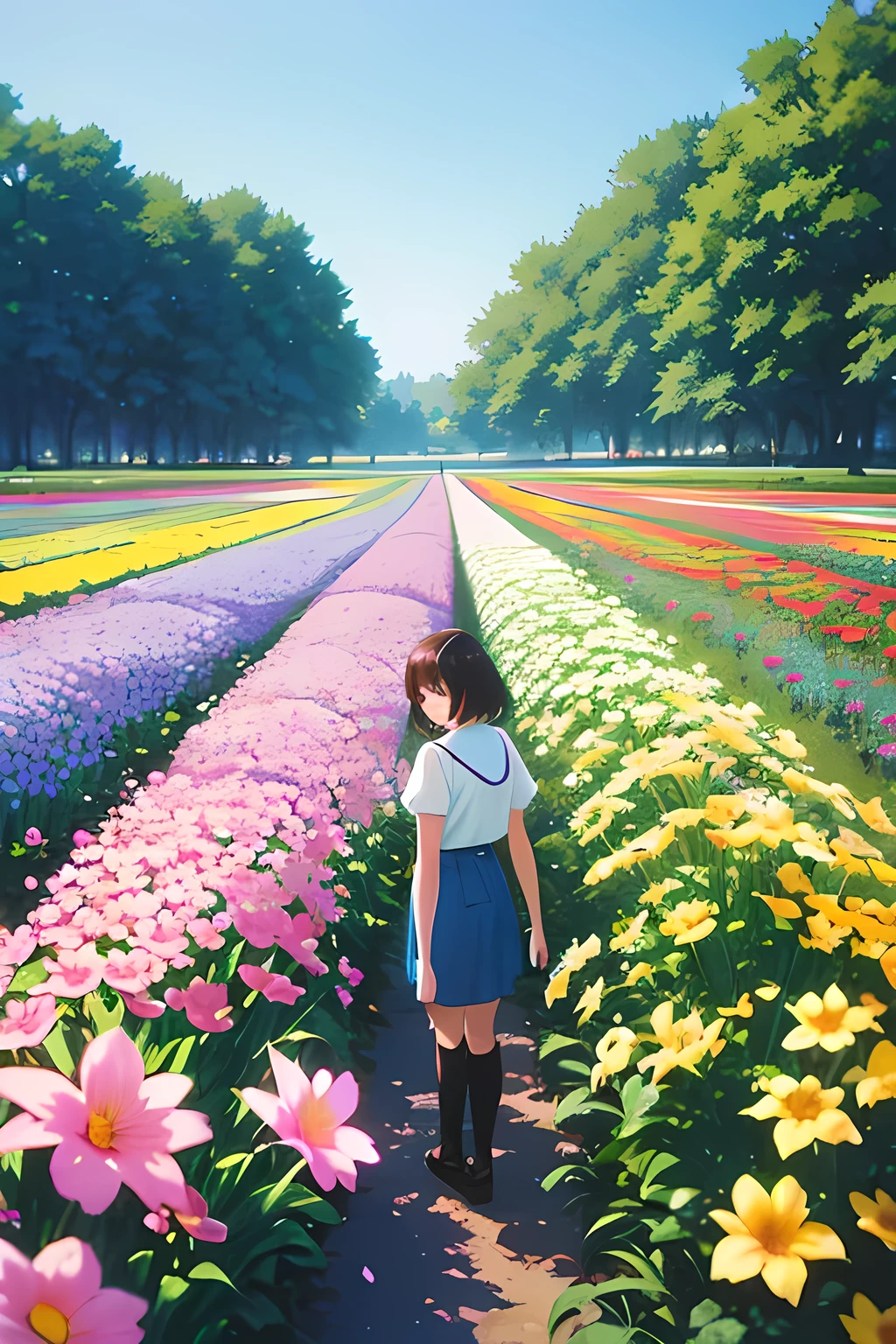standing in a beautiful field of flowers, with colorful flowers everywhere, perfect lighting, using a leica summicron 35mm f2.0 lens, kodak portra 400 film, and film grain.