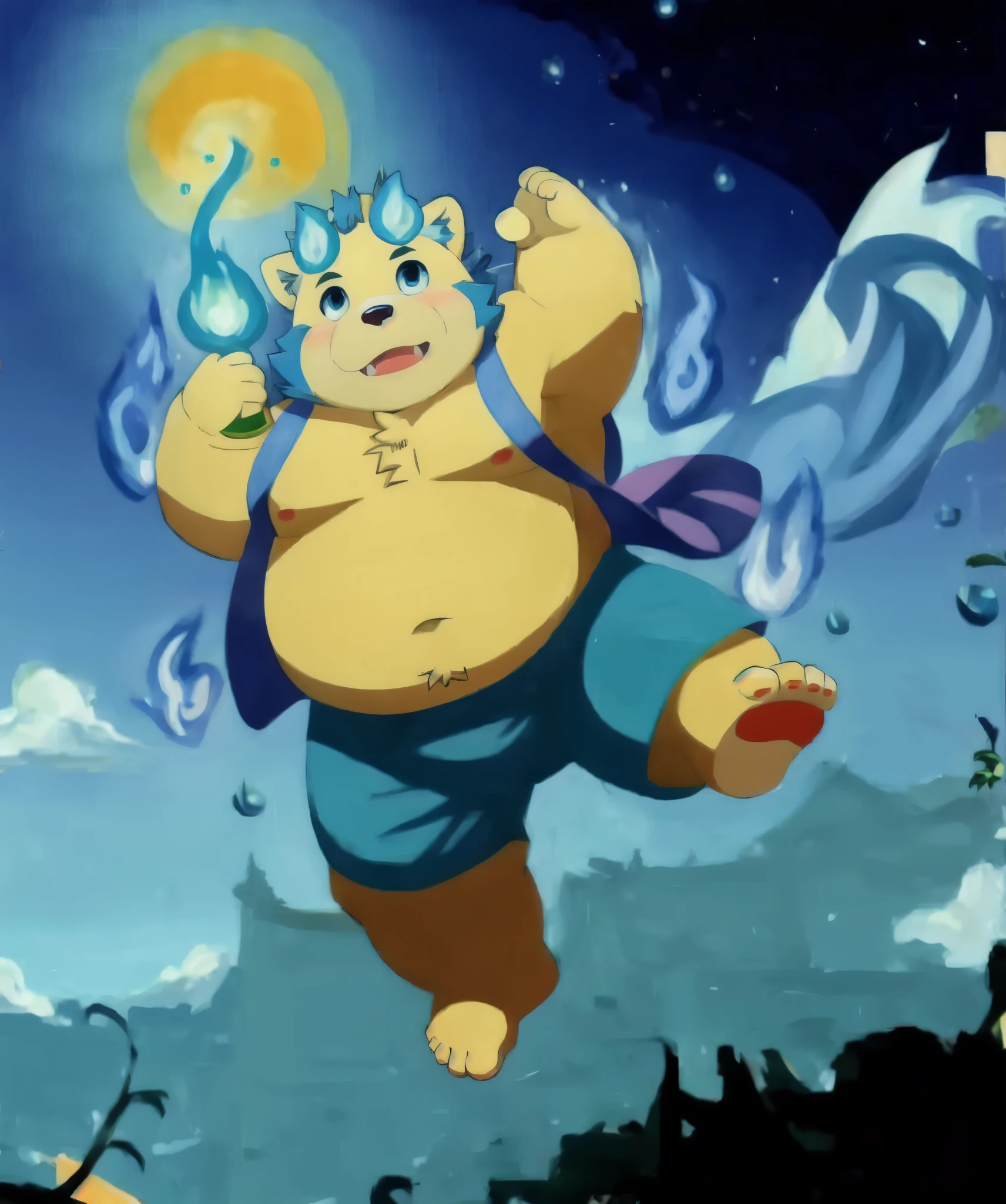 (masterpiece, best quality:1.2),, xiaobo,furry,overweight,foot,sky,shorts,bare,naked,jump,blue fire on the head