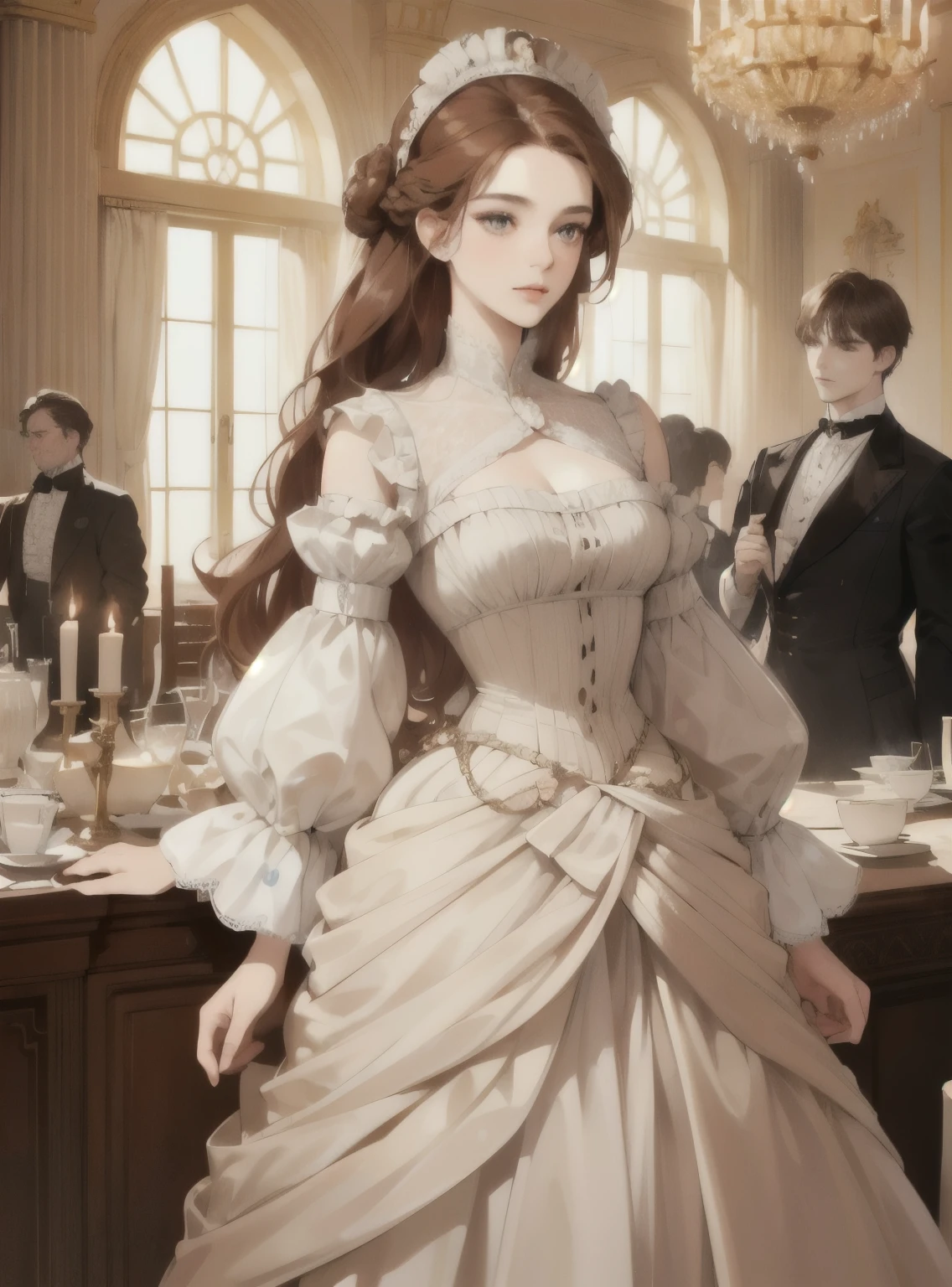 (High resolution, Super detailed), Beautiful aristocratic woman of victorian era, Europe in the 18th century, reddish brown hair，Exquisite high bun braid hairstyle, curls, elegant ballroom dress, Standing in the luxurious banquet hall, Delicate and meticulous, 8K, Reality, Dramatic Lighting, high quality, Complex design, classical portrait, , enlarged texture, Exquisite eyes and face details, Perfect eyes, matching eyes