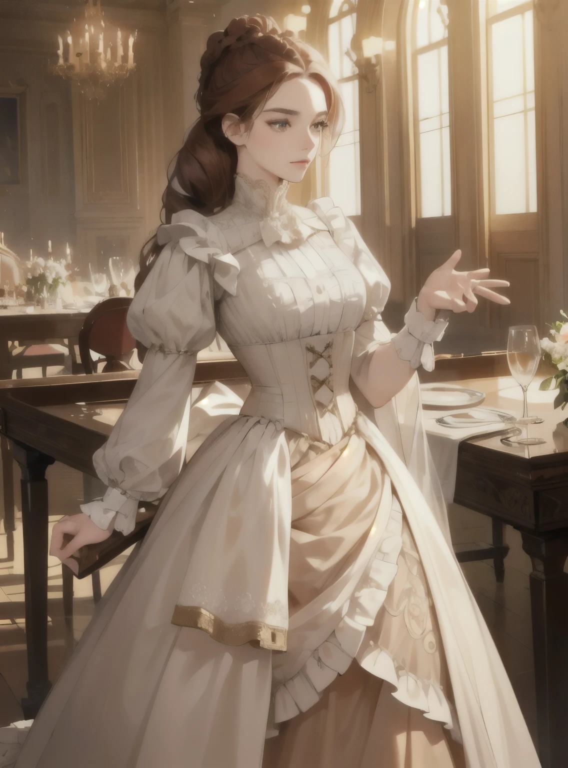 (High resolution, Super detailed), Beautiful aristocratic woman of victorian era, Europe in the 18th century, reddish brown hair，Exquisite high bun braid hairstyle, curls, elegant ballroom dress, Standing in the luxurious banquet hall, Delicate and meticulous, 8K, Reality, Dramatic Lighting, high quality, Complex design, classical portrait, , enlarged texture, Exquisite eyes and face details, Perfect eyes, matching eyes