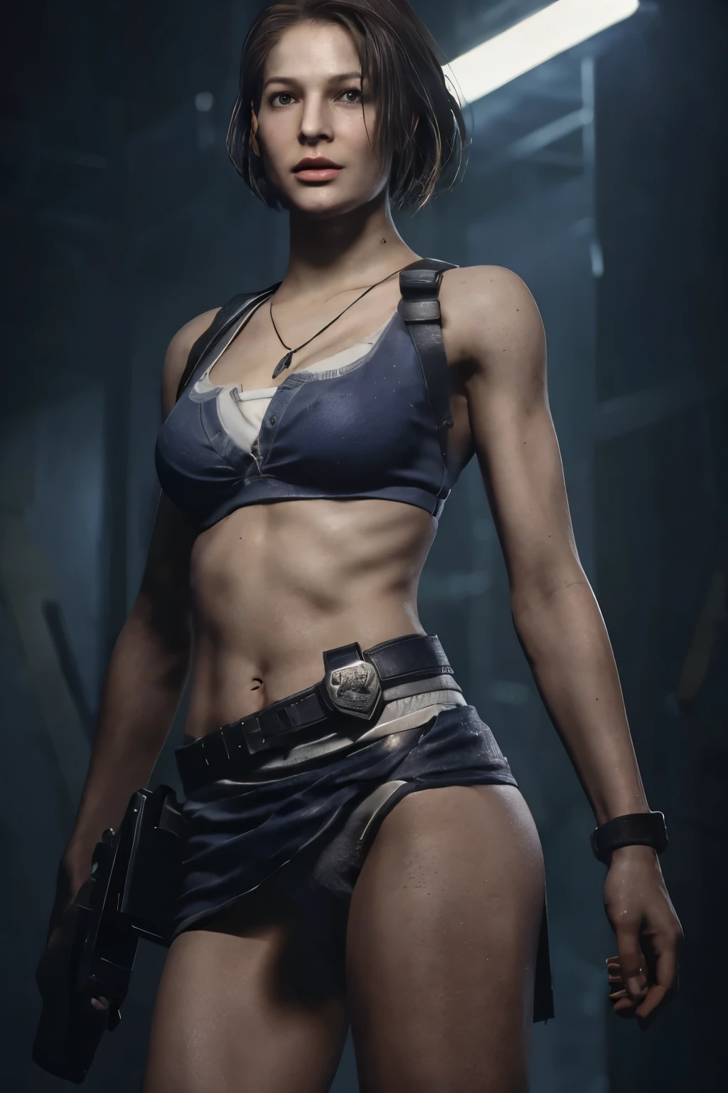 Jill Valentine up skirt,,Sienna Guillory open thighs, tube top, cleavage,navy miniskirt,(white panties),(shoot from below),