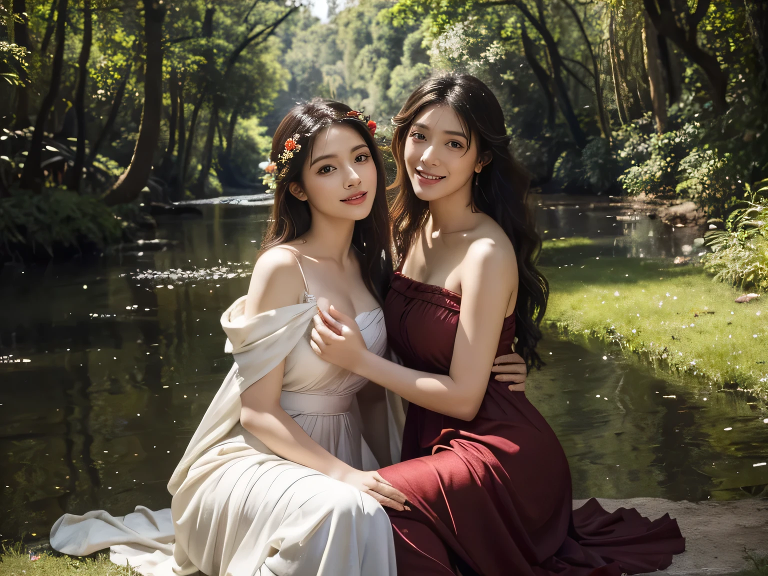 Giorgione painting style,Barbizon forest A beautiful woman in Greek dress smiles on the shore,Sweet and seductive appearance.、Caravaggio's paintings、Chiaroscuro of Caravaggio、hair tousled by the wind,Two women frolicking,cute smile, expression of ecstasy,Sexy,erotic, full body portrait