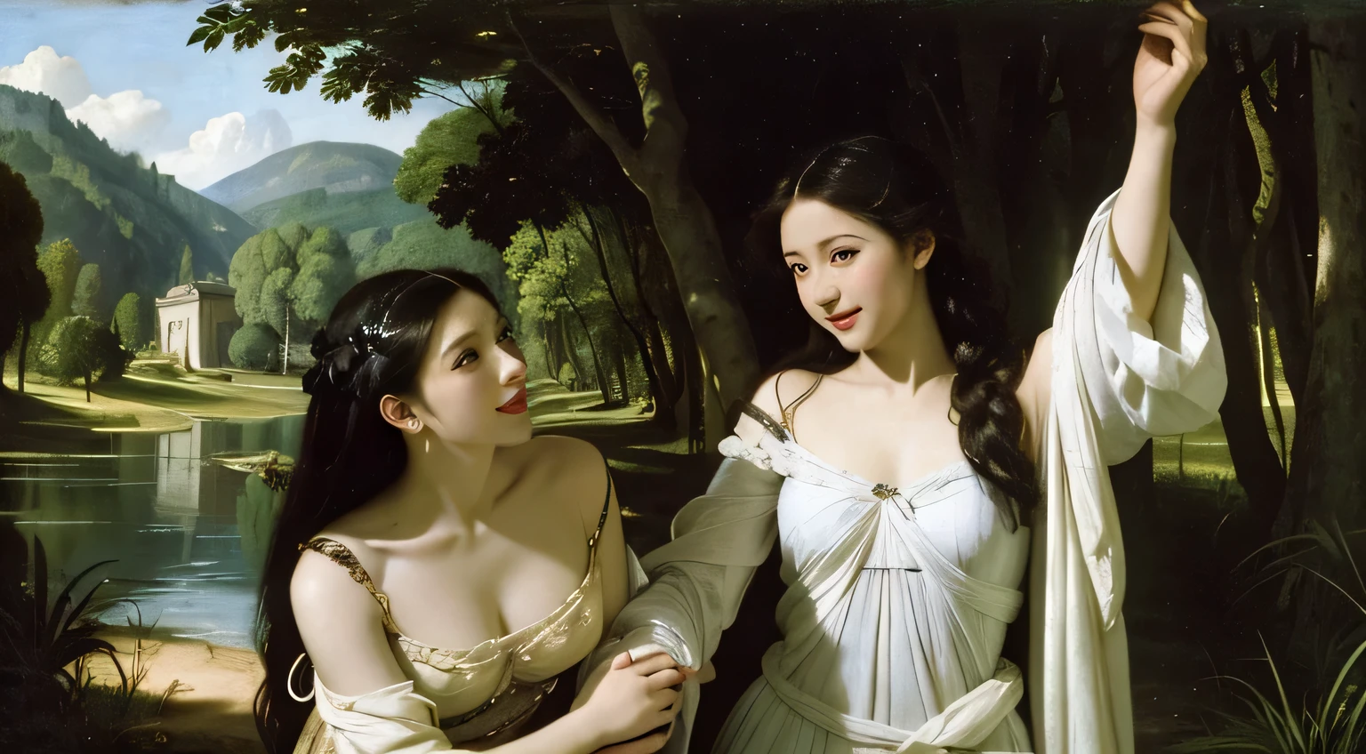 Giorgione painting style,Barbizon forest A beautiful woman in Greek dress smiles on the shore,Sweet and seductive appearance.、Caravaggio's paintings、Chiaroscuro of Caravaggio、hair tousled by the wind,Two women frolicking,cute smile, expression of ecstasy,Sexy,erotic, full body portrait