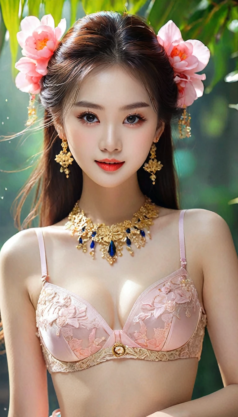 cô gái cực kỳ xinh Pretty;
Age from 18-20 years old;
ivory white skin, ruddy, spotless, sáng shadow, damp;
red hair, smooth, shimmering under the bright sunlight;
amorous eyes, cực kỳ detail, sexy, trong trẻo, high solution, damp;
mí mắt Pretty hoàn hảo, Double eyelids, jet black;
Arched eyebrows, dear, high solution;
Perfectly balanced face, Pretty rõ nét từng detail, ((The photo focuses on the face));
Beautiful nose, cao, Pretty; môi quyến rũ, ((light pink lipstick, shadow));
The girl smiled brightly, smile brightly, răng Pretty trắng tinh;
The girl's body is full of vitality, Tighten clothes;
wearing ruby earrings, Gold bracelet encrusted with precious stones, gold mesh emerald necklace, lapis lazuli belt, Diamonds attached to clothes;
firm breasts and nipples, tight bra, deep slits, ((raised knob));
mông nở nang, tight underwear, flattering figure;
thin silk clothes, embroidered with delicate brocade flower motifs, Pretty thần bí;
metal mesh bra, Has gemstone studs;
Masterpiece photo, Non-NSFW photo quality, 24K CG HD, high solution, đồ họa siêu Pretty, professional, detail, colourful, advanced techniques, ảnh RAW chân thực, High resolution;
The lighting is intricately coordinated, Use black gold rays;
film art photo style, colorful, visual attraction;
((Panoramic photo of a girl standing on the steps of an ancient castle, many huge statues, The ancient tower creates a super magical atmosphere, fresh flower garden));