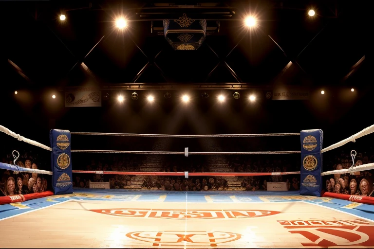 boxe ring with lights and ropes, boxe ring sol blanc coin blanc et sol blanc sol, fond d&#39;  Boardwalk Hall Atlantic City, Ring de boxe avec le sol blanc et les coins blanc, scene background  Boardwalk Hall d'Atlantic City, toile de fond  Boardwalk Hall Atlantic City,  Boardwalk Hall  in a boxe ring,  boxe, boxe match, scene,  projecteur, barre d&#39;arrière-plan Boardwalk Hall Atlantic City, spot et projecteur au plafond comme   fond dramatique, atmospheric perspective, glowing light, 8k, super detail, best quality, masterpiece