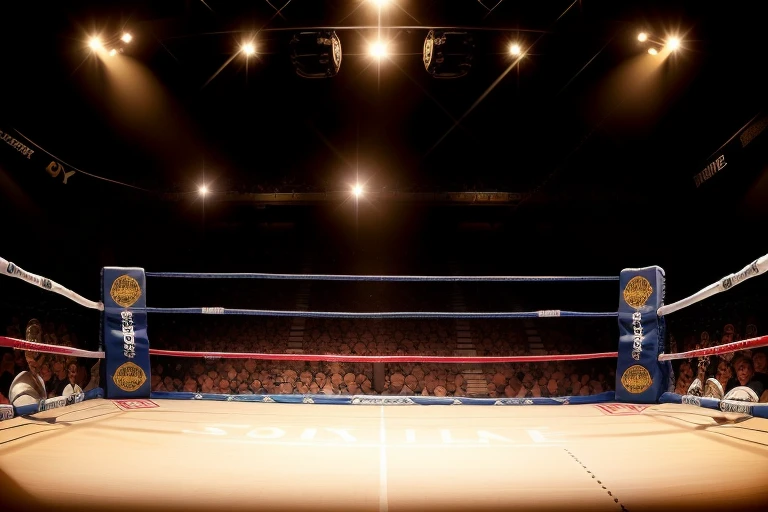 boxe ring with lights and ropes, boxe ring sol blanc coin blanc et sol blanc sol, fond d' Boardwalk Hall Atlantic City, Ring de boxe avec le sol blanc et les coins blanc, scene background Boardwalk Hall d'Atlantic City, toile de fond Boardwalk Hall Atlantic City, Boardwalk Hall in a boxe ring, boxe, boxe match, scene, projecteur, barre d'arrière-plan Boardwalk Hall Atlantic City, spot et projecteur au plafond comme fond dramatique, atmospheric perspective, glowing light, 8k, super detail, best quality, masterpiece