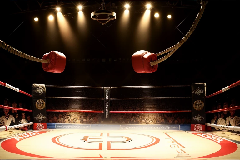 boxe ring with lights and ropes, boxe ring sol blanc coin blanc et sol blanc sol, fond d' Boardwalk Hall Atlantic City, Ring de boxe avec le sol blanc et les coins blanc, scene background Boardwalk Hall d'Atlantic City, toile de fond Boardwalk Hall Atlantic City, Boardwalk Hall in a boxe ring, boxe, boxe match, scene, projecteur, barre d'arrière-plan Boardwalk Hall Atlantic City, spot et projecteur au plafond comme fond dramatique, atmospheric perspective, glowing light, 8k, super detail, best quality, masterpiece