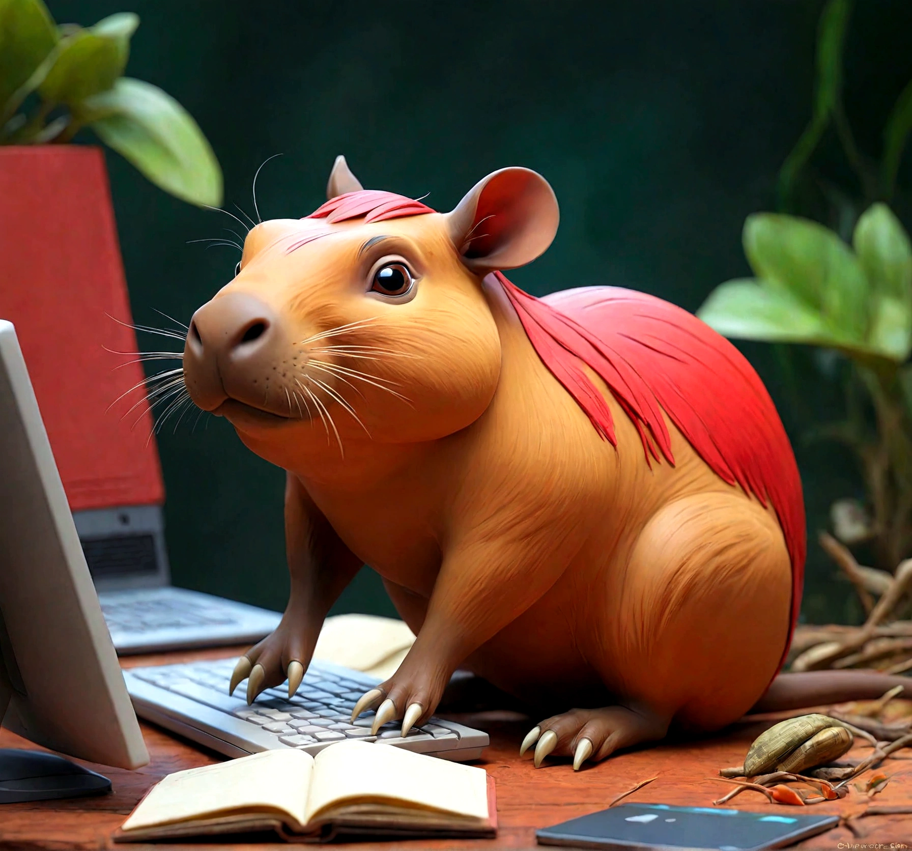 capivara de terno vermelho mexendo num computador