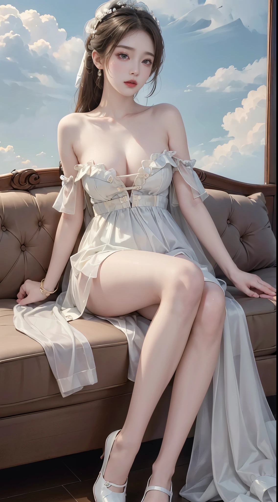 Sweet girl clothes10,korean dress,  ((full body)), ((from below)), ((Bare shoulder)), ((Elegant and charming posture, random view shots)), ((Sit on the couch)), realistic detailed photo of a giant breasted girl with exposed shoulders, detailed fingers, high quality skin, red eyes, alone in a winter scene with clouds, wind, and flowing hair, (best quality,4k,8k,highres,masterpiece:1.2),ultra-detailed,(realistic,photorealistic,photo-realistic:1.37),studio lighting,vivid colors