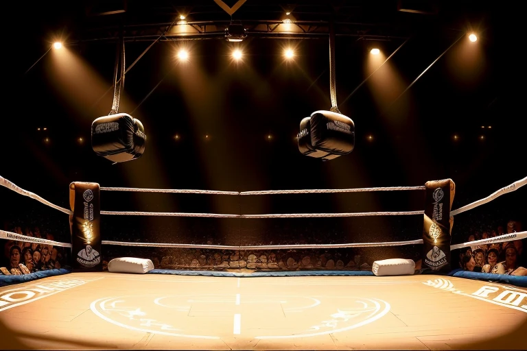 boxe ring with lights and ropes, boxe ring sol blanc coin blanc et sol blanc sol, fond d&#39;  Boardwalk Hall Atlantic City, Ring de boxe avec le sol blanc et les coins blanc, scene background  Boardwalk Hall d'Atlantic City, toile de fond  Boardwalk Hall Atlantic City,  Boardwalk Hall  in a boxe ring,  boxe, boxe match, scene,  projecteur, barre d&#39;arrière-plan Boardwalk Hall Atlantic City, spot et projecteur au plafond comme   fond dramatique, atmospheric perspective, glowing light, 8k, super detail, best quality, masterpiece