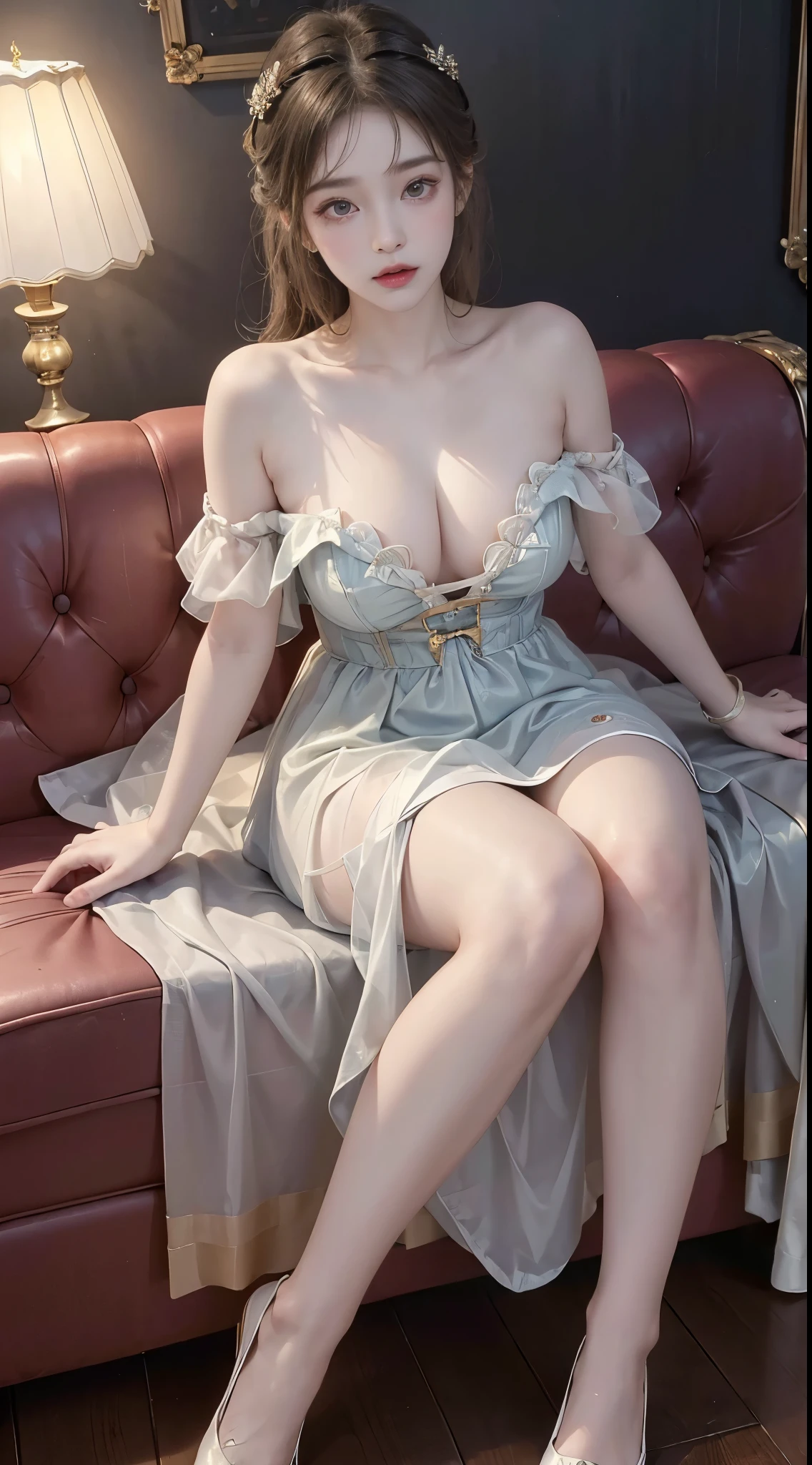 Sweet girl clothes10,korean dress, ((full body)), ((from below)), ((Bare shoulder)), ((Elegant and charming posture, random view shots)), ((Sit on the couch)), realistic detailed photo of a giant breasted girl with exposed shoulders, detailed fingers, high quality skin, red eyes, alone in a winter scene with clouds, wind, and flowing hair, (best quality,4k,8k,highres,masterpiece:1.2),ultra-detailed,(realistic,photorealistic,photo-realistic:1.37),studio lighting,vivid colors