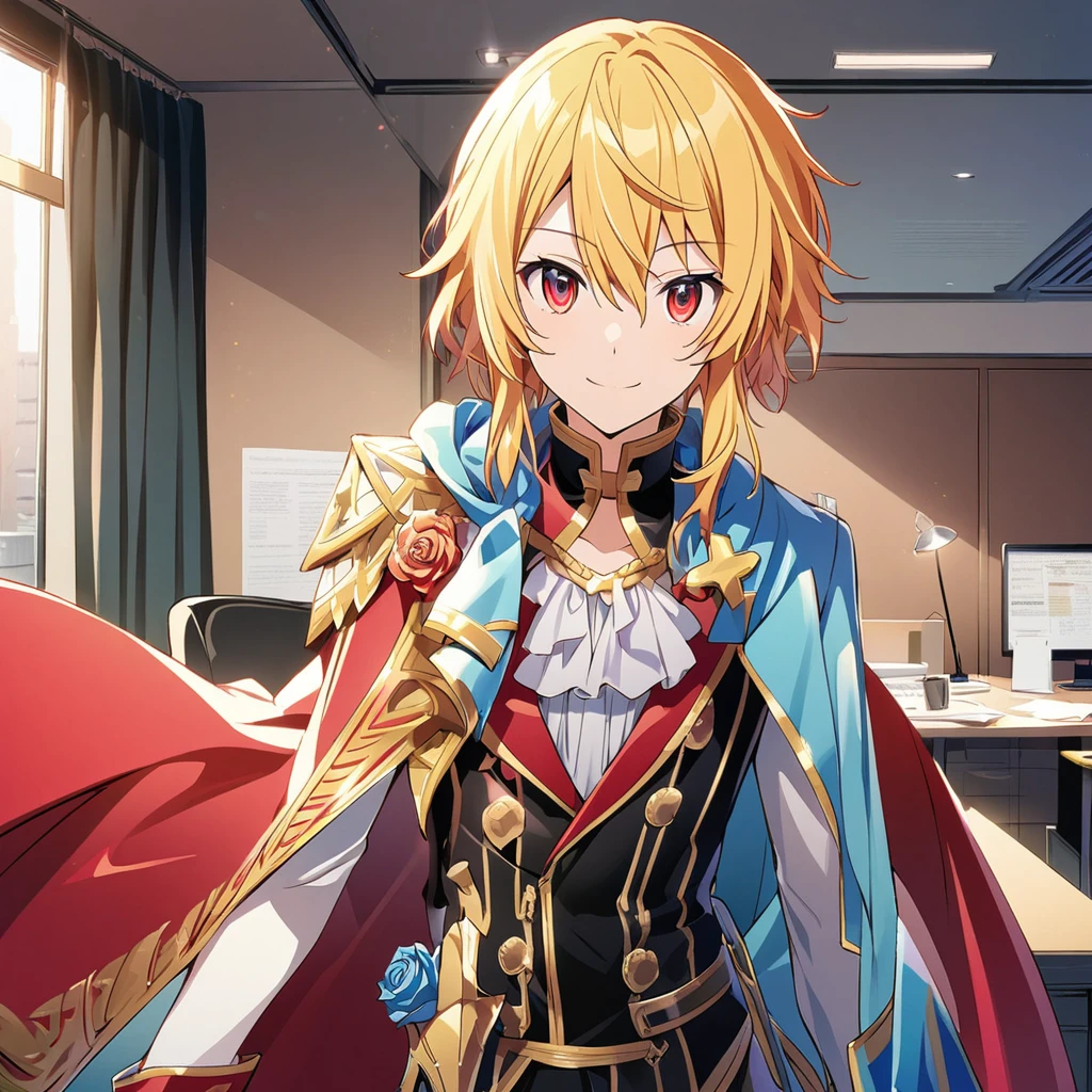 Rimuru Tempest \(AKB0048 Next Stage\), (short Golden hair), (rose red eyes):1.2, prince costume, bangs, smiling gently, cape, ((ultra-detailed)), ((illustration)), ((neat hair)), (beautiful detailed eyes), male, 1boy, standing, ((office)), looking at viewer