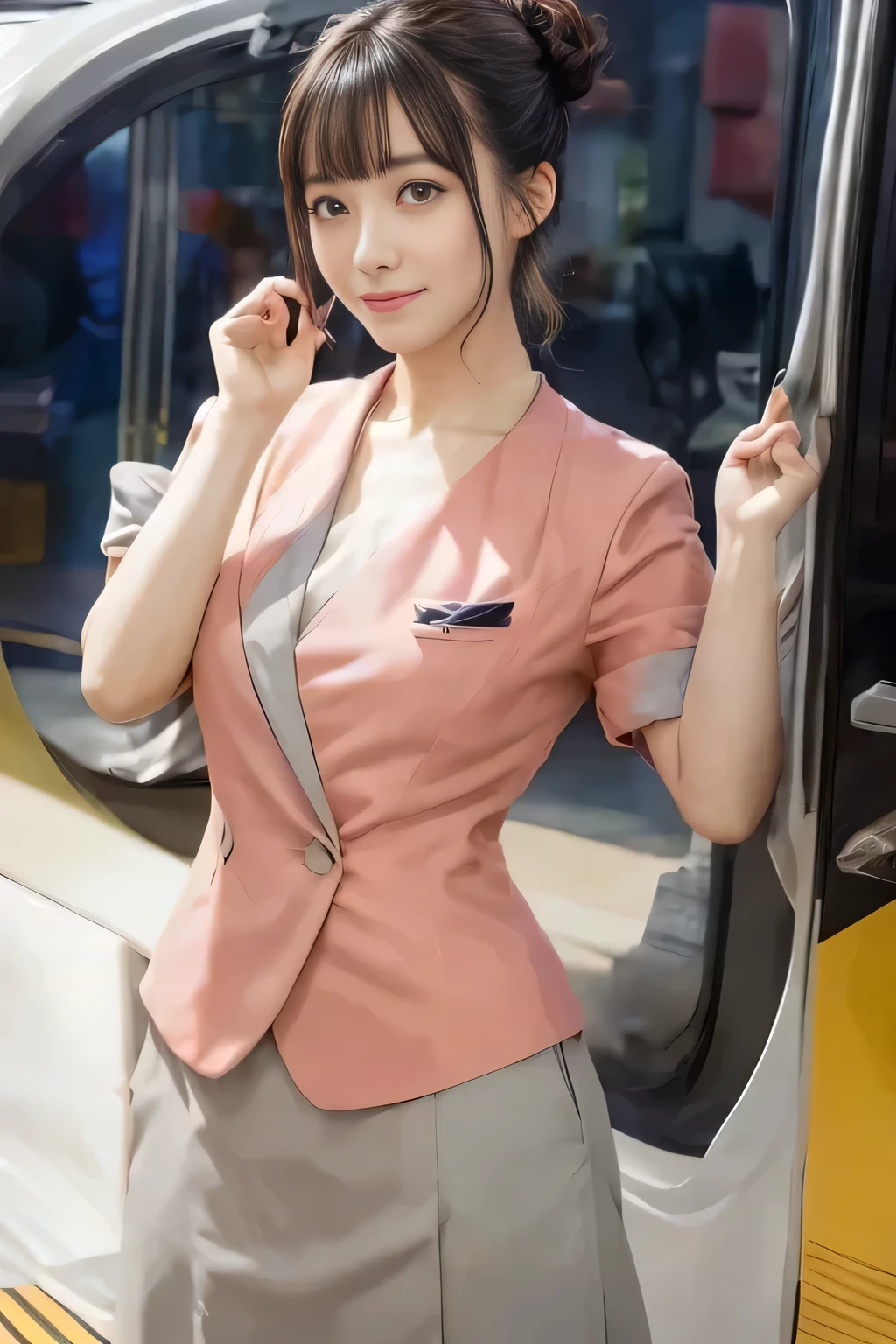 (masterpiece:1.2, highest quality:1.2), 32K HDR, High resolution, (alone、1 girl)、(On the rooftop of a building in the daytime、Professional Lighting)、Building rooftop background、(Nankai train crew uniform pinkを着たリアルスタイル)、(Nankai train crew uniform pink short sleeve pink jacket、Nankai Train Crew Uniform Pink Collarless Short Sleeve Blouse、Nankai Train crew uniform pinkのグレー色のキュロットスカート)、Dark brown hair、(Hair tied up、Hair Bun、Hair Bun)、Dark brown hair、Long Shot、Big Breasts、Thin legs、((Great hands:2.0)),((Harmonious body proportions:1.5)),((Normal limbs:2.0)),((Normal finger:2.0)),((Delicate eyes:2.0)),((Normal eyes:2.0)))、smile、(Nankai Train crew uniform pinkのグレー色のキュロットスカートを見せた美しい歩く姿)、Keep your hands natural