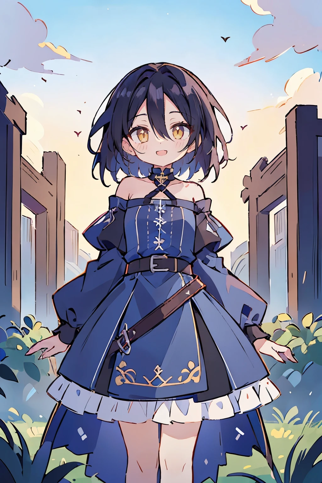 (masterpiece, best quality, ultra-detailed, illustration), hui xiyi, rekkyo sensen, black hair, fantasy world, ruins, fort, beautiful sky, shining sky, sunshine, camisoles, belts, blue clothes, cross choker, wind blowing dress, lace dress, off-shoulder sleeves, white legwear, forehead, medium hair