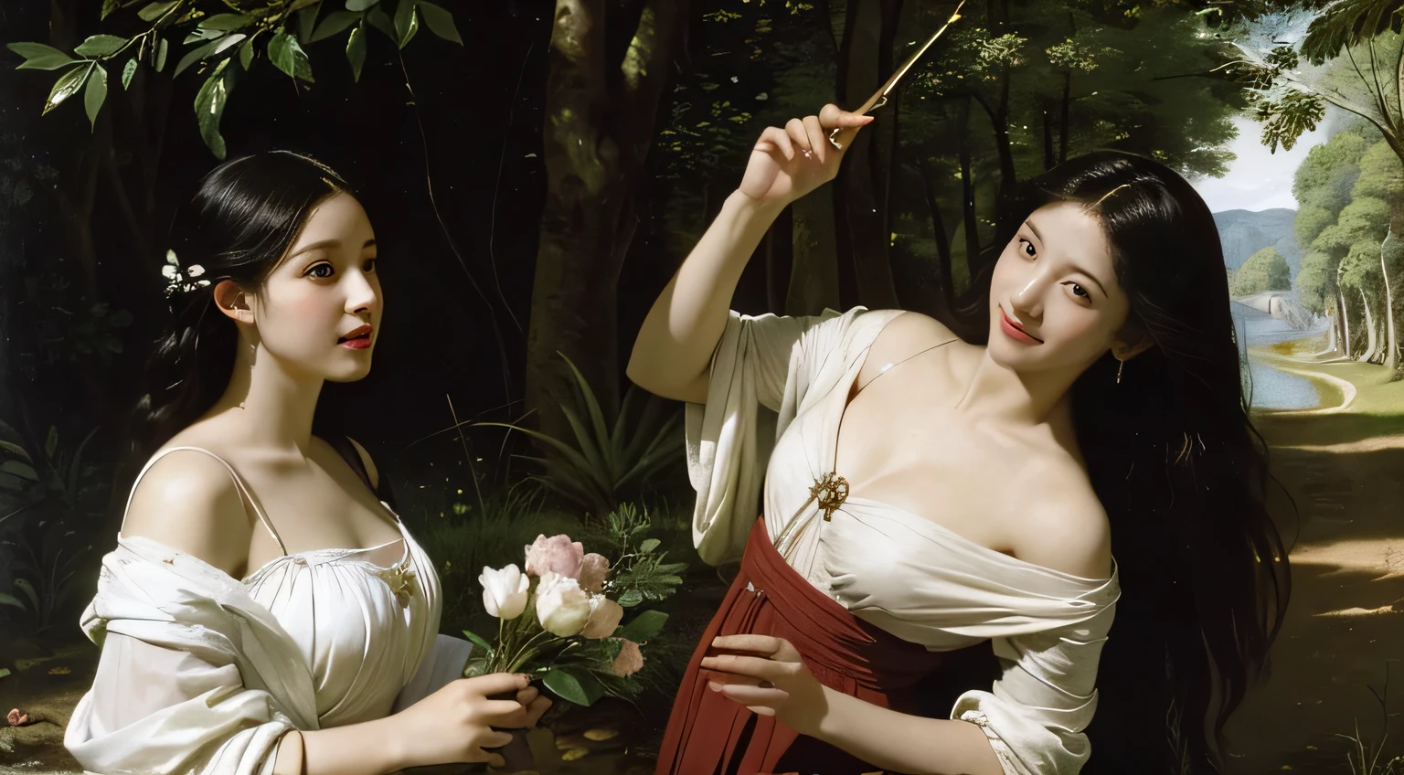 Giorgione painting style,Barbizon forest A beautiful woman in Greek dress smiles on the shore,Sweet and seductive appearance.、Caravaggio's paintings、Chiaroscuro of Caravaggio、hair tousled by the wind,Two women frolicking,cute smile, expression of ecstasy,Sexy,erotic, full body portrait