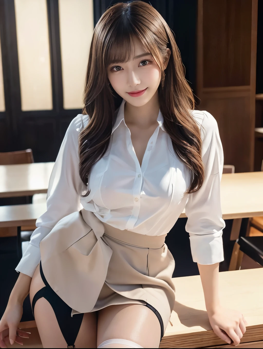 (Perfect Anatomy:1.2),Wearing a white open shirt,y woman sitting on a chair, Wearing pane, Crossing your legs, lower angle, Elegant legs, She wore a miniskirt secretary-style suit., Japanese Model, born,(8k、highest quality、masterpiece:1.2)、(Intricate details:1.4)、(Photorealistic:1.4)、Octane Rendering、Complex 3D rendering with ultra-detail, Studio Soft Light, Rim Light, Vivid details, Super Detail, Realistic skin texture, Detailed aspect, Beautiful details in the eyes, Highly detailed CG Unity 16k wallpaper, compensate, (Detailed Background:1.2),Glowing Skin,Wavy long hair with no bangs,Cute face:1.2,Age 20,Ed thighs!!!,Smiling,