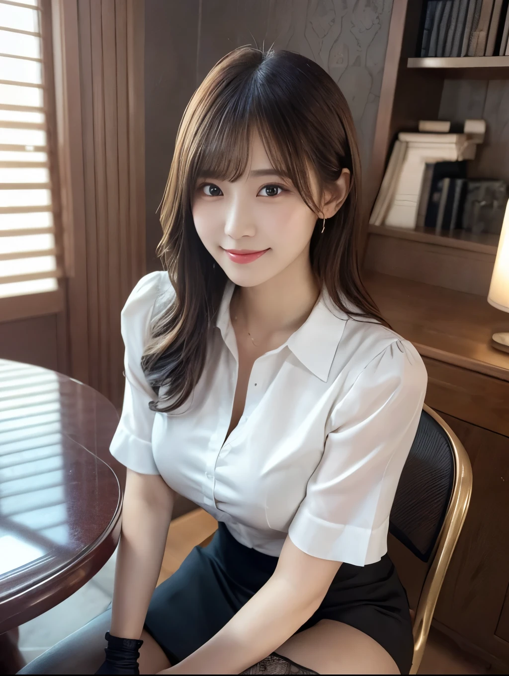 (Perfect Anatomy:1.2),Wearing a white open shirt,Sexy woman sitting on a chair, Wearing pantyhose, Crossing your legs, lower angle, Elegant legs, She wore a miniskirt secretary-style suit., Japanese Model, born,(8k、highest quality、masterpiece:1.2)、(Intricate details:1.4)、(Photorealistic:1.4)、Octane Rendering、Complex 3D rendering with ultra-detail, Studio Soft Light, Rim Light, Vivid details, Super Detail, Realistic skin texture, Detailed aspect, Beautiful details in the eyes, Highly detailed CG Unity 16k wallpaper, compensate, (Detailed Background:1.2),Glowing Skin,Wavy long hair with no bangs,Cute face:1.2,Age 20,Exposed thighs!!!,Smiling,