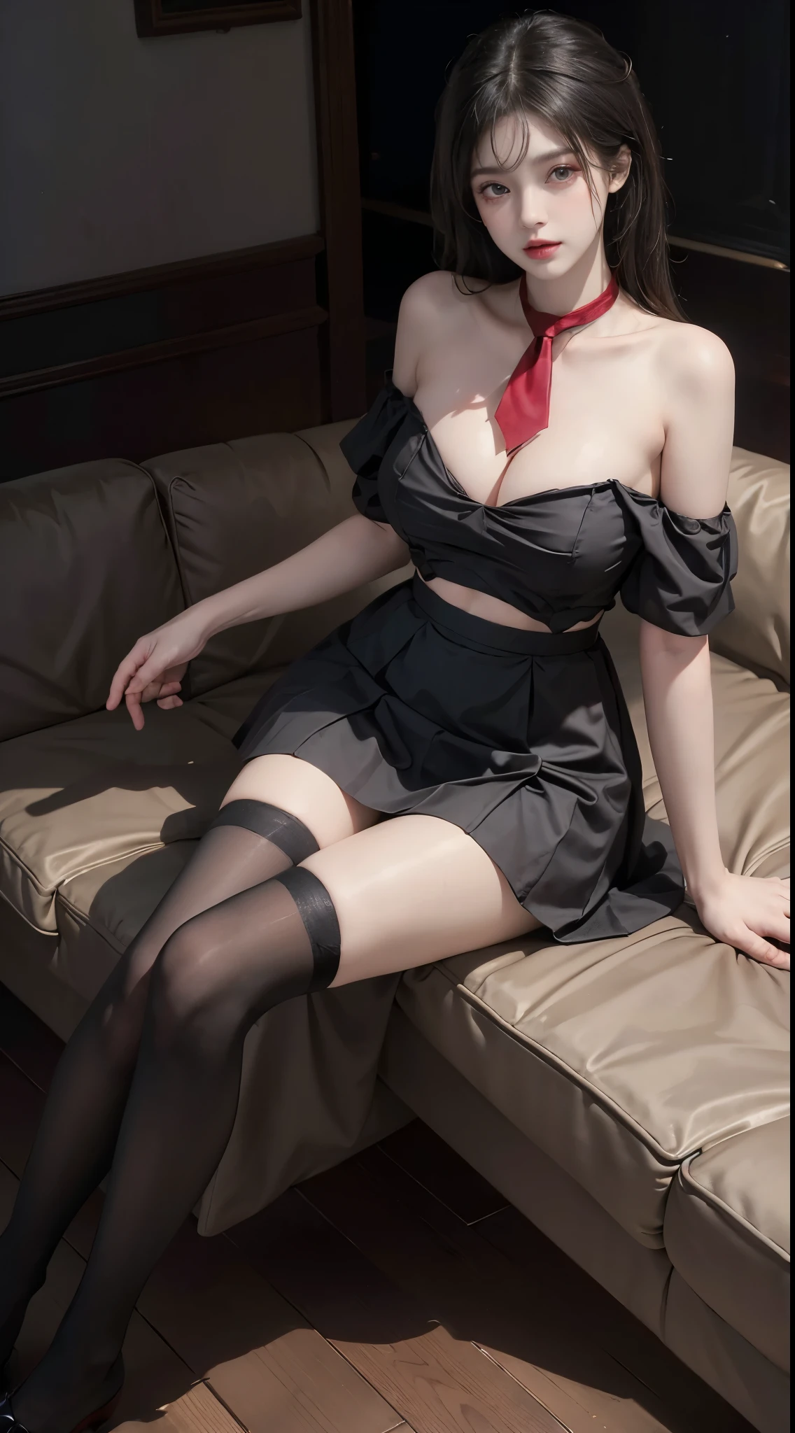 Special clothes52,pleated skirt,necktie,thighhighs, ((full body)), ((from below)), ((Bare shoulder)), ((Elegant and charming posture, random view shots)), ((Sit on the couch)), realistic detailed photo of a giant breasted girl with exposed shoulders, detailed fingers, high quality skin, red eyes, alone in a winter scene with clouds, wind, and flowing hair, (best quality,4k,8k,highres,masterpiece:1.2),ultra-detailed,(realistic,photorealistic,photo-realistic:1.37),studio lighting,vivid colors