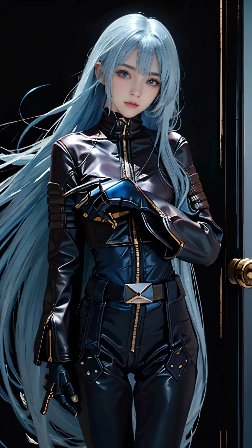 improve hand with 5 well defined fingers, has black gloves,  long hair, mysterious eyes, Shiny mysterious light blue hair, mysterious eyes, shining pupils,  girl, small smile, shining sky blue eyes, Japanese cityscape
