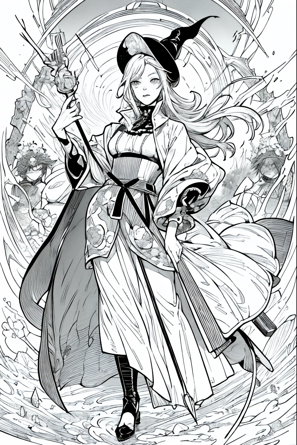 A painting of a costumed woman holding a hat and a walking stick, Manga drawn by Junpei Sato, Pixiv, Gothic art, pencil and Ink Manga, Beautiful line art, Pencil and ink cartoon, Shirow Masamuneスタイル, Shirow Masamune, Ink Manga, Very detailed fan art, Complex manga drawing