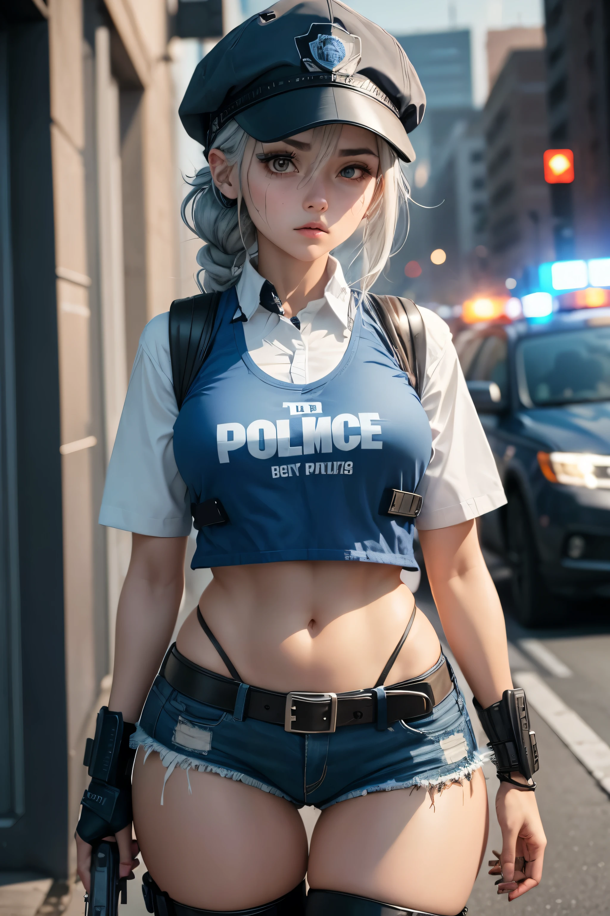Cute girl, Gray hair tied, hat🧢 , blue police uniform, zombie, dead ahead zombie warfare, A vest with police written on it, black belt, Knee protectors, sexy 💙