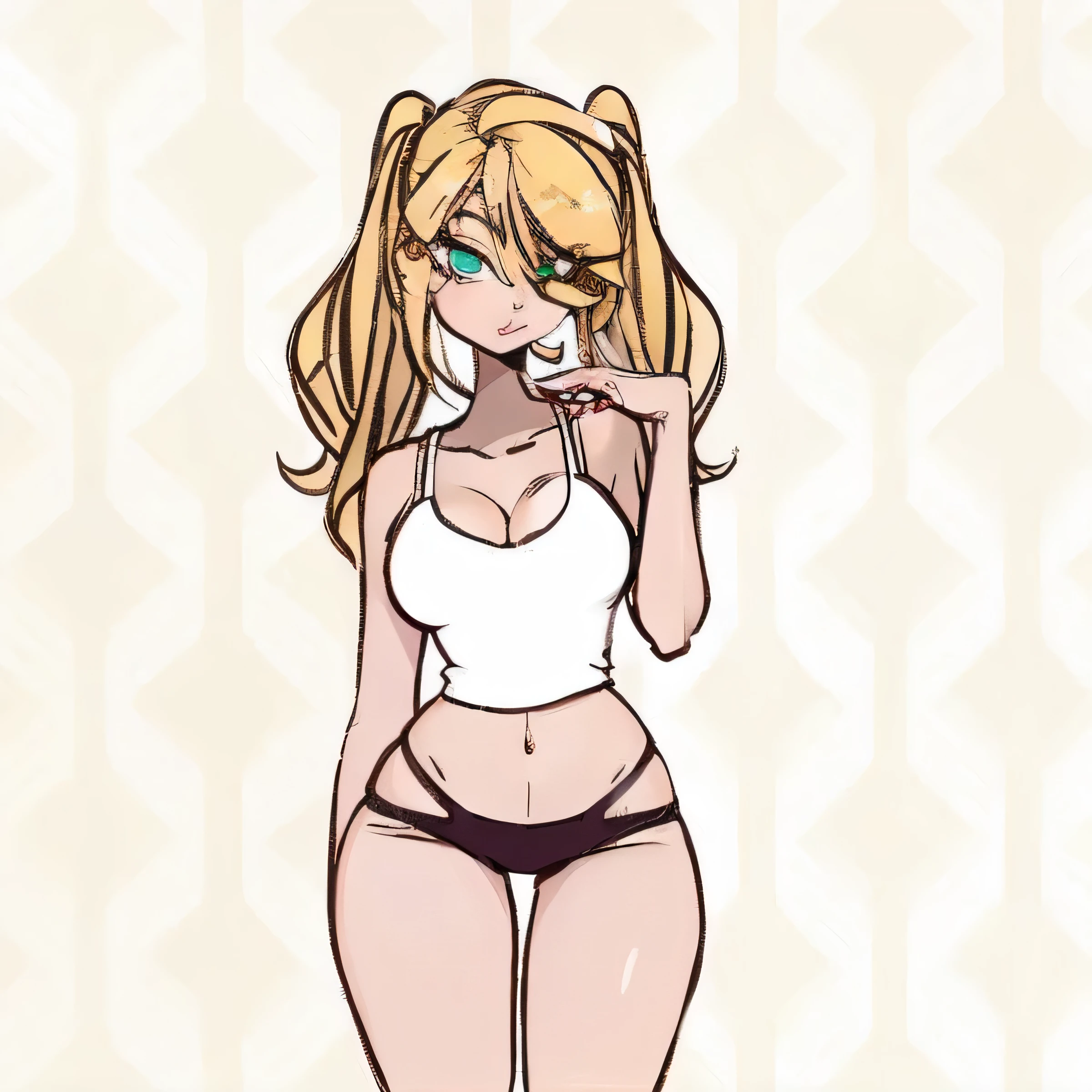 Realistic woman, cartoon to real life, blonde with green eyes