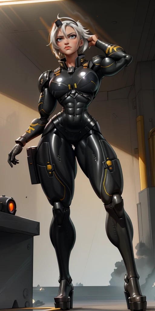 [bea] [pokemon] [uploaded to e621.net; (napalm_express)] ((masterpiece)) ((HD)) ((high res)) ((solo portrait)) ((full body)) ((front view)) ((feet visible)) ((detailed shading)) ((beautiful render art)) ((intricate details)) {anime girl; (dark-toned skin) (cute red eyes) (short eyelashes) short bob white silver hair (curvy hips) (defined muscles) (beautiful muscular legs) (beautiful feet) (expressionless)} {(white shirt) (midriff) (bodysuit under clothes) (yellow print bikini) (black hairband)} {(standing) (looking in the distance)} [background; (plain background) (ceiling lights) (sun rays)