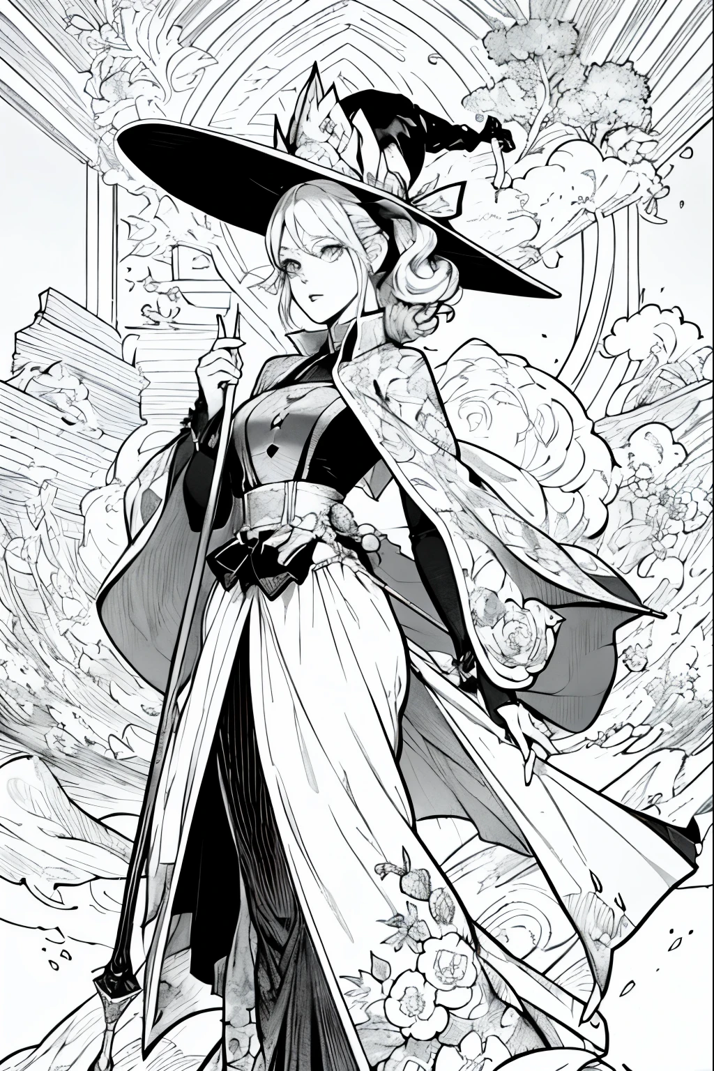 A painting of a costumed woman holding a hat and a walking stick, Manga drawn by Junpei Sato, Pixiv, Gothic art, pencil and Ink Manga, Beautiful line art, Pencil and ink cartoon, Shirow Masamuneスタイル, Shirow Masamune, Ink Manga, Very detailed fan art, Complex manga drawing