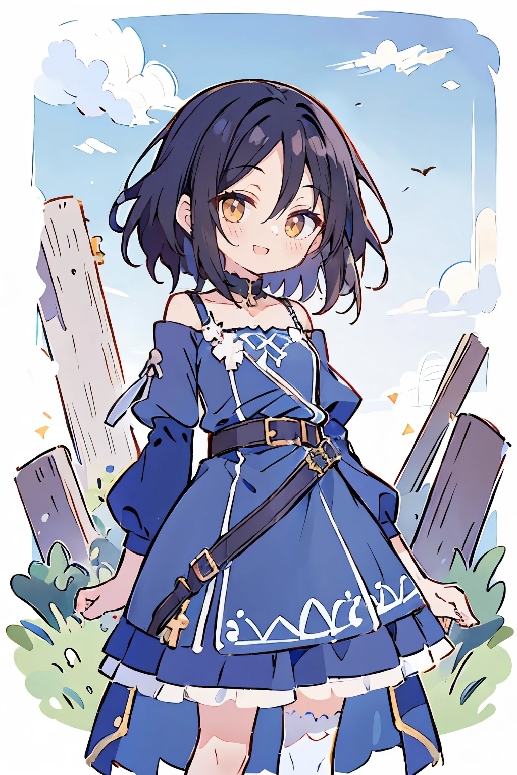 (masterpiece, best quality, ultra-detailed, illustration), hui xiyi, rekkyo sensen, black hair, fantasy world, ruins, fort, beautiful sky, shining sky, sunshine, camisoles, belts, blue clothes, cross, choker, wind blowing dress, lace dress, off-shoulder sleeves, white legwear, forehead, medium hair