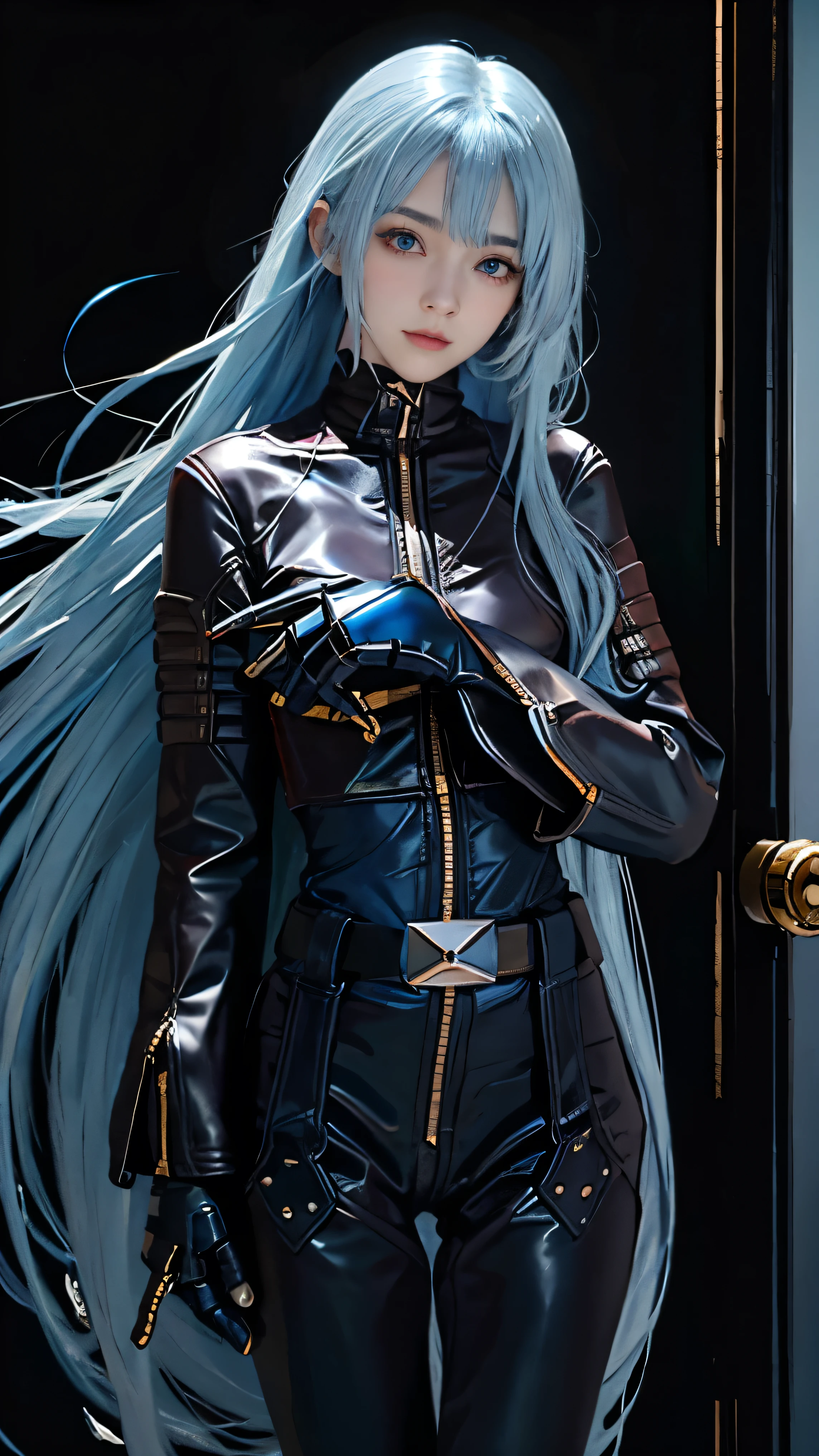 improve hand with 5 well defined fingers, has black gloves,  long hair, mysterious eyes, Shiny mysterious light blue hair, mysterious eyes, shining pupils, *********** girl, small smile, shining sky blue eyes, Japanese cityscape
