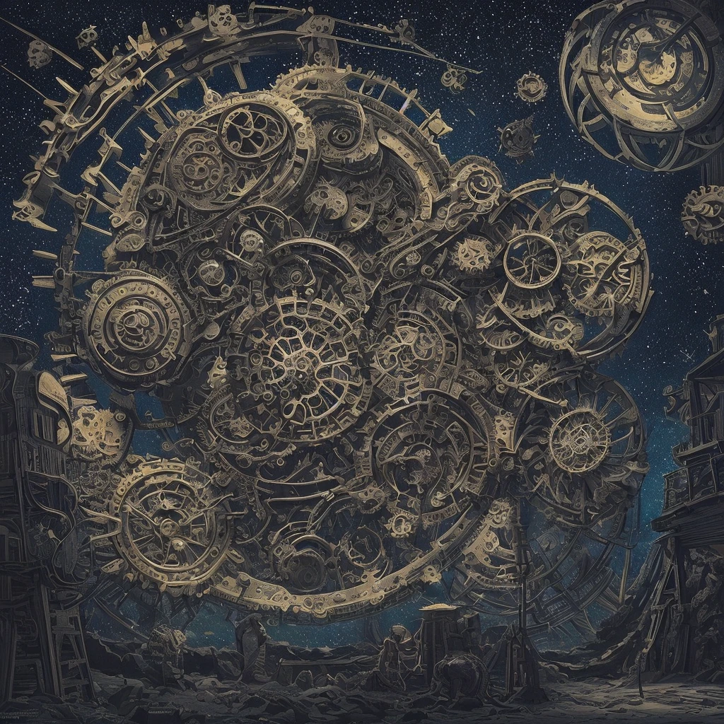 In the scenery of another world,Decorated with constellations, Surrounded by gears and cogwheels, Spend some time under a giant time machine in the shape of a cosmic pendulum. Highly detailed and expressive drawings in black ink