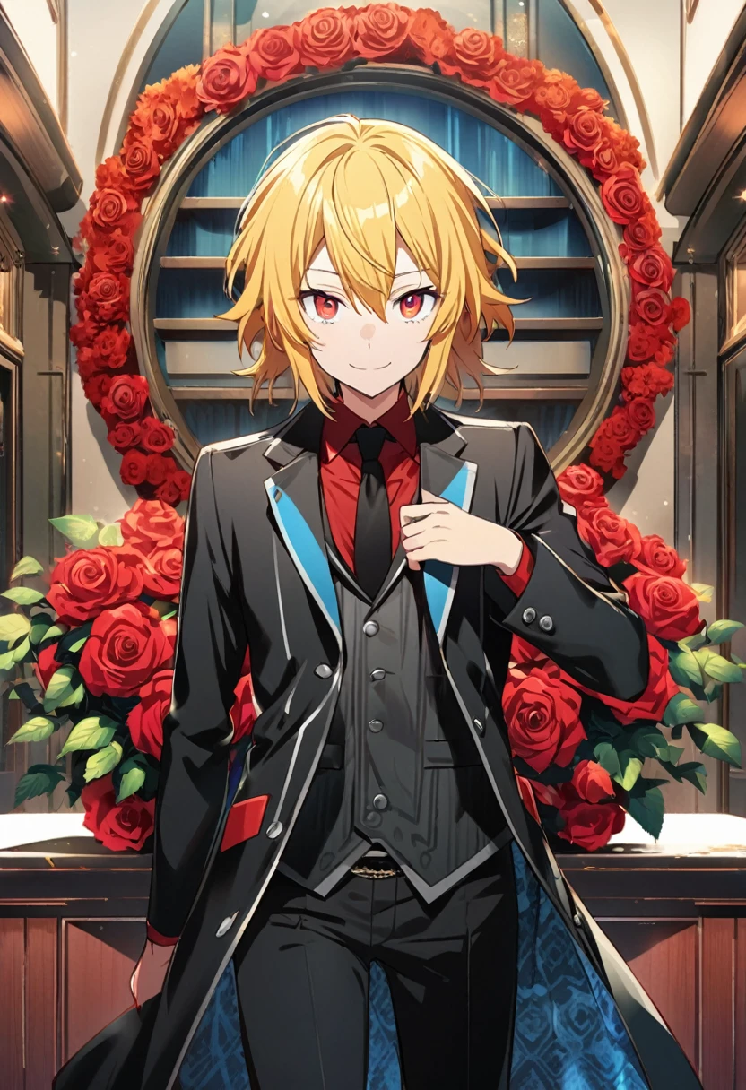Rimuru Tempest \(AKB0048 Next Stage\), (short Golden hair), (rose red eyes):1.2, male office suit, bangs, smiling gently, overcoat, ((ultra-detailed)), ((illustration)), ((neat hair)), (beautiful detailed eyes), male, 1boy, standing, ((office)), looking at viewer